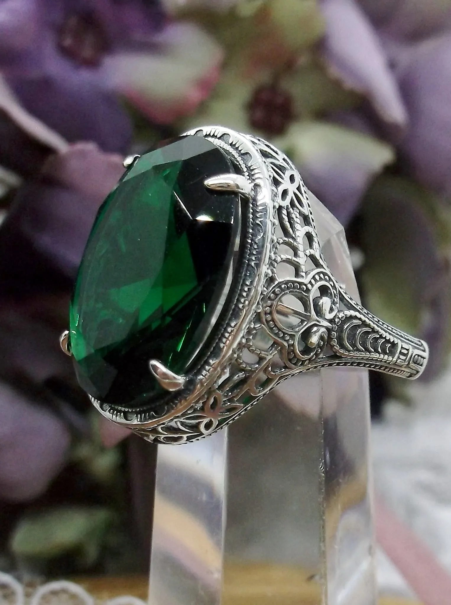 Green Emerald Ring, Art Deco Vintage Revival Jewelry #D230