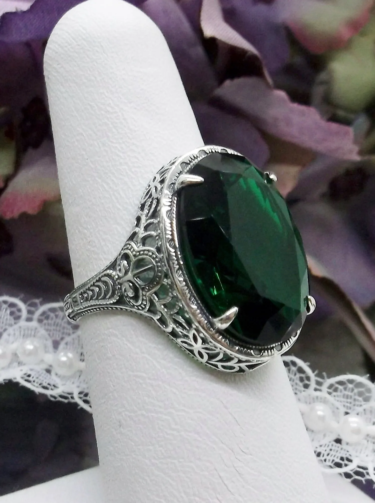 Green Emerald Ring, Art Deco Vintage Revival Jewelry #D230