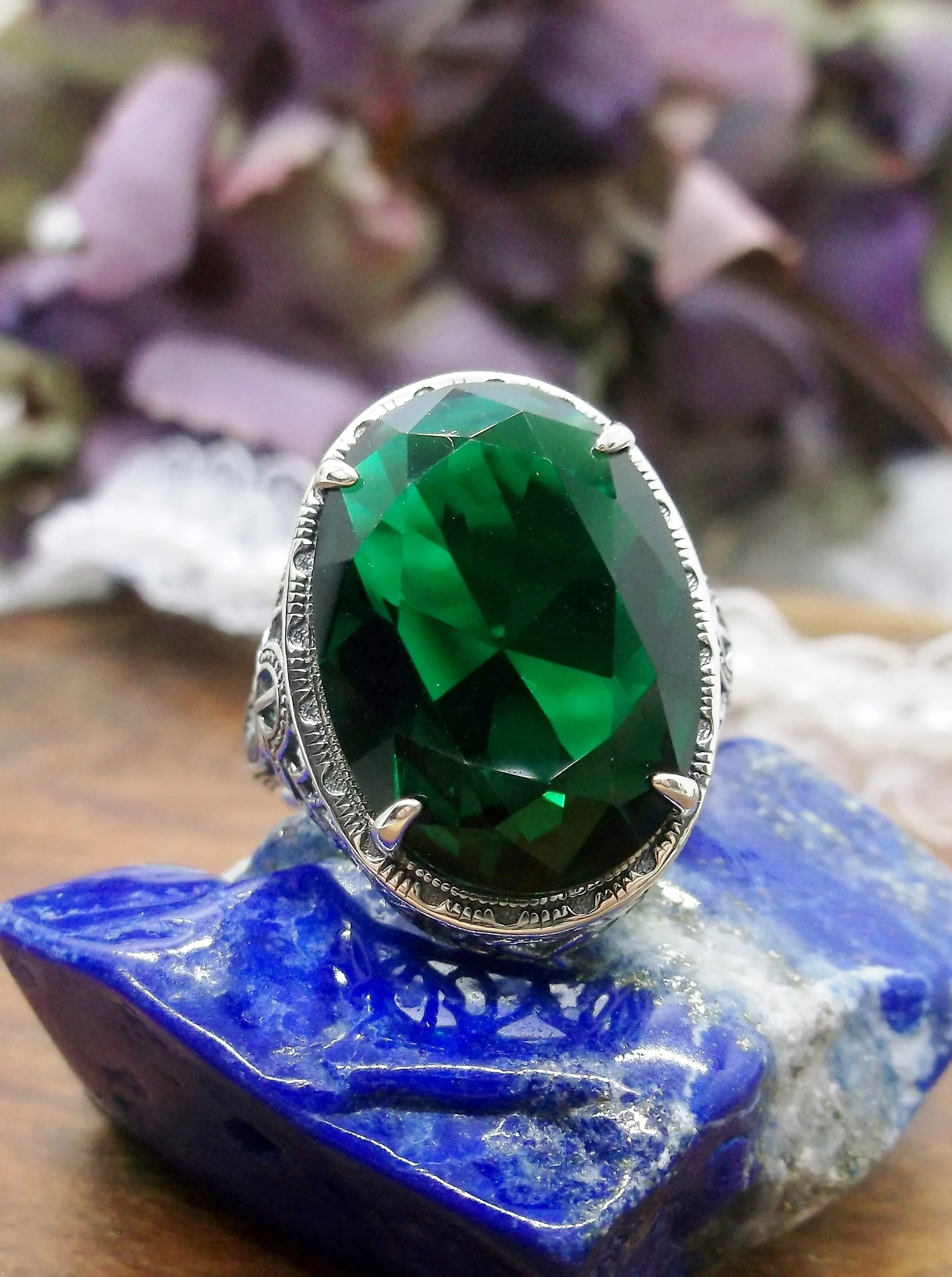 Green Emerald Ring, Art Deco Vintage Revival Jewelry #D230