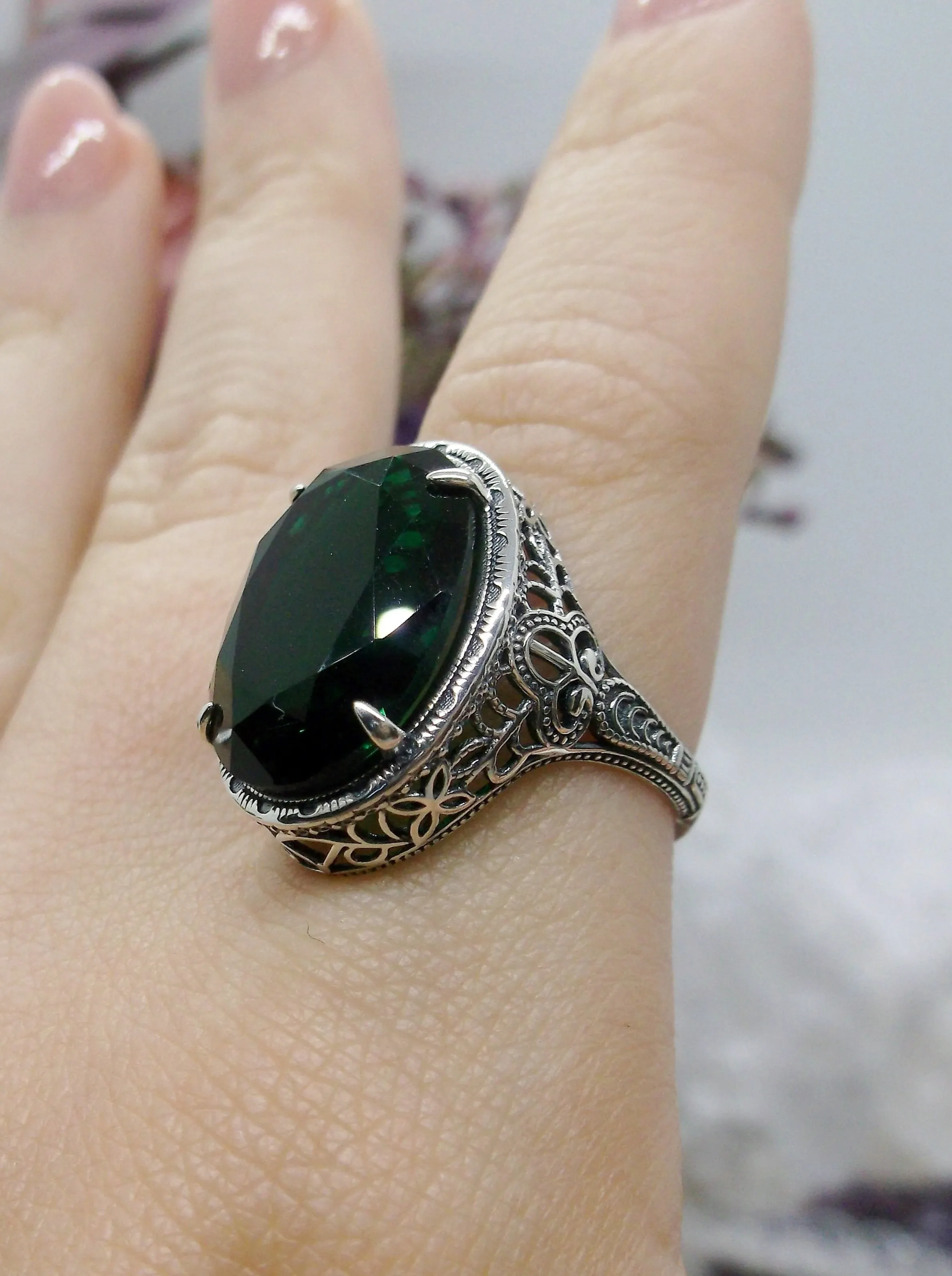 Green Emerald Ring, Art Deco Vintage Revival Jewelry #D230