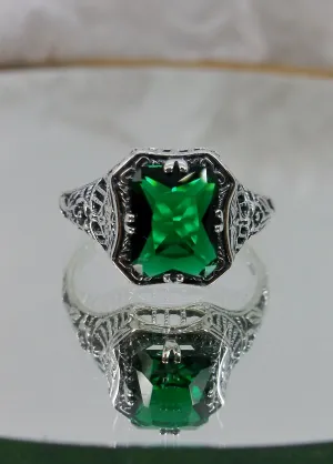 Green Emerald Ring, Lovely Rectangle Edwardian Style Jewelry #D148