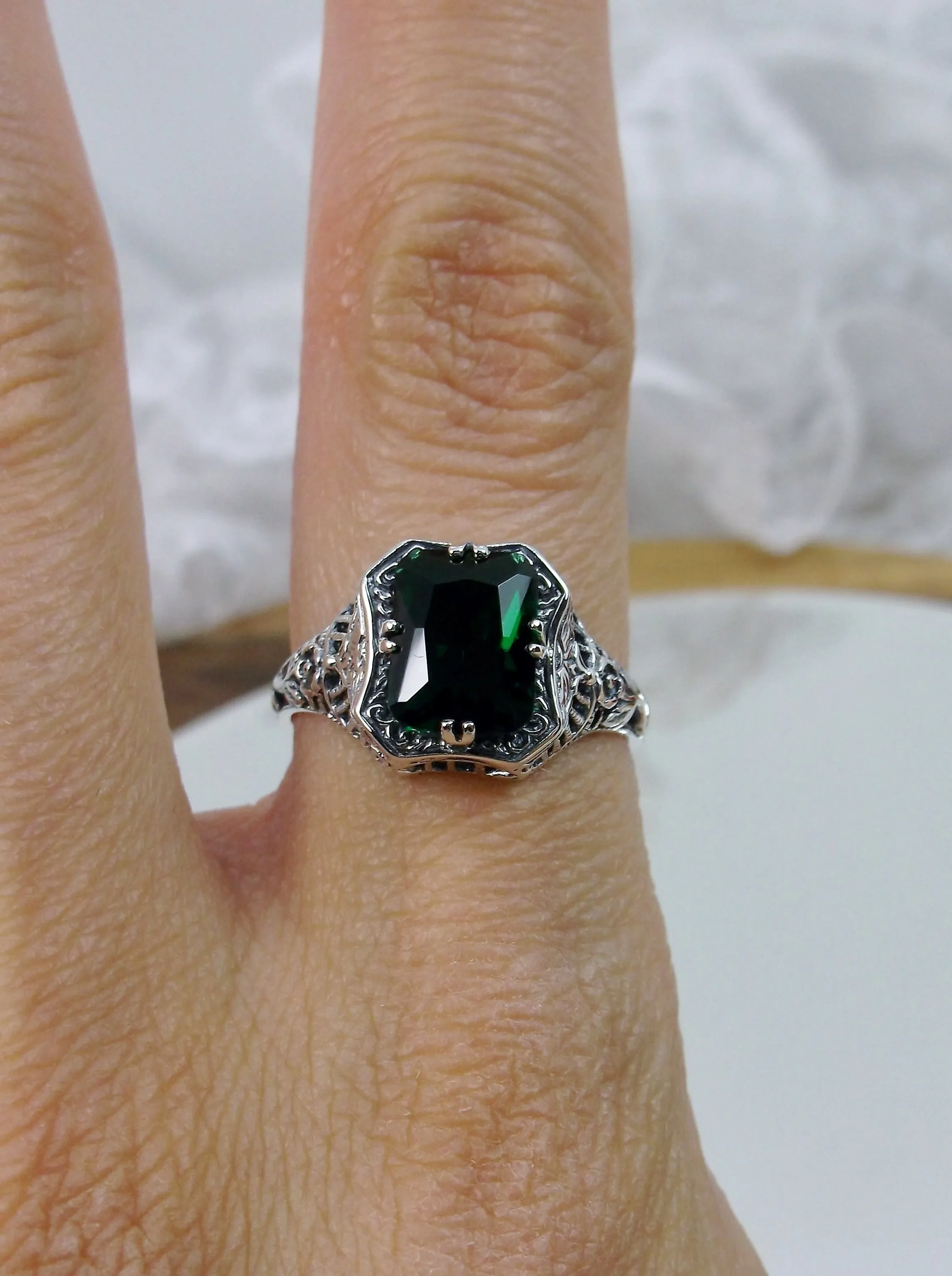 Green Emerald Ring, Lovely Rectangle Edwardian Style Jewelry #D148