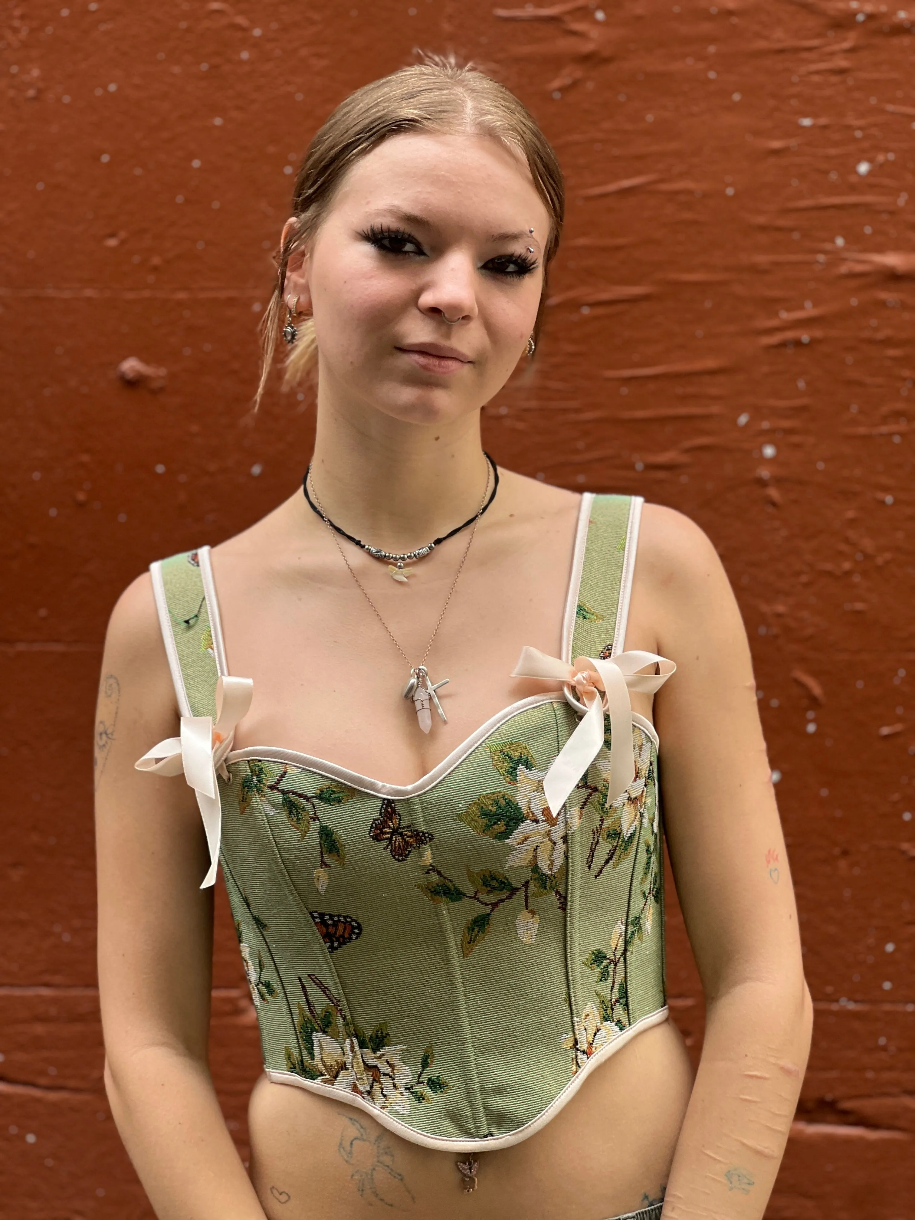 Green Renaissance Floral Corset Top
