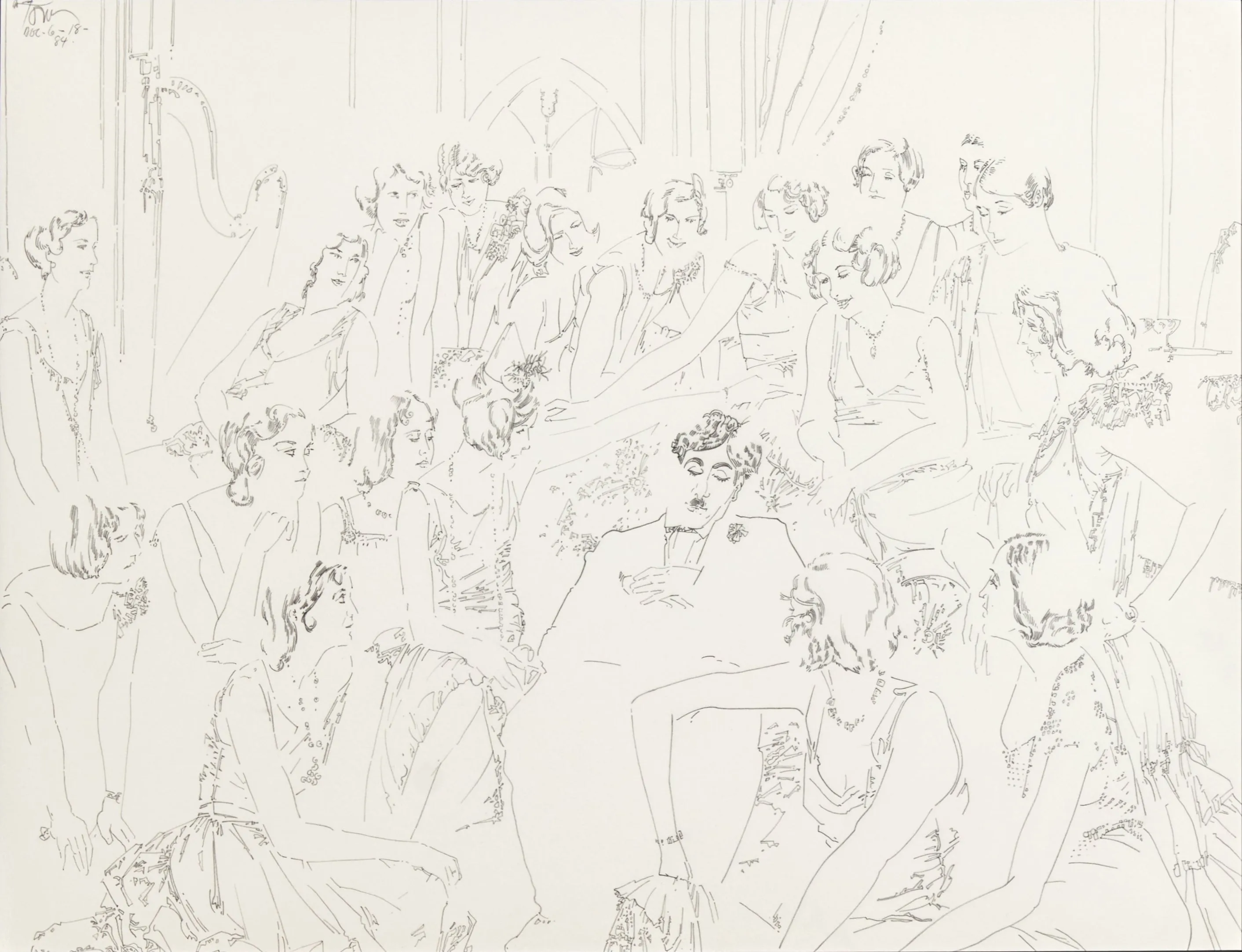 HAROLD TOWN "CHARLIE CHAPLIN WITH DANCERS" DRAWING, 1984