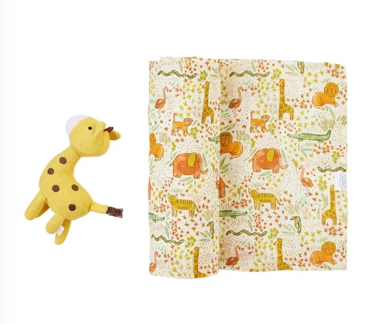 Jungle Print Swaddle & Rattle Set