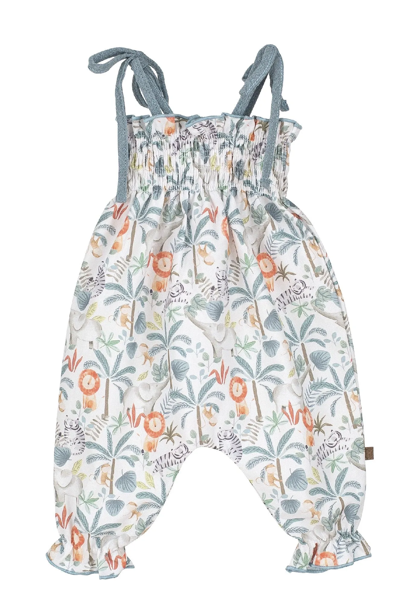 Jungle Print Tie Shoulder Smocked Dungaree Romper