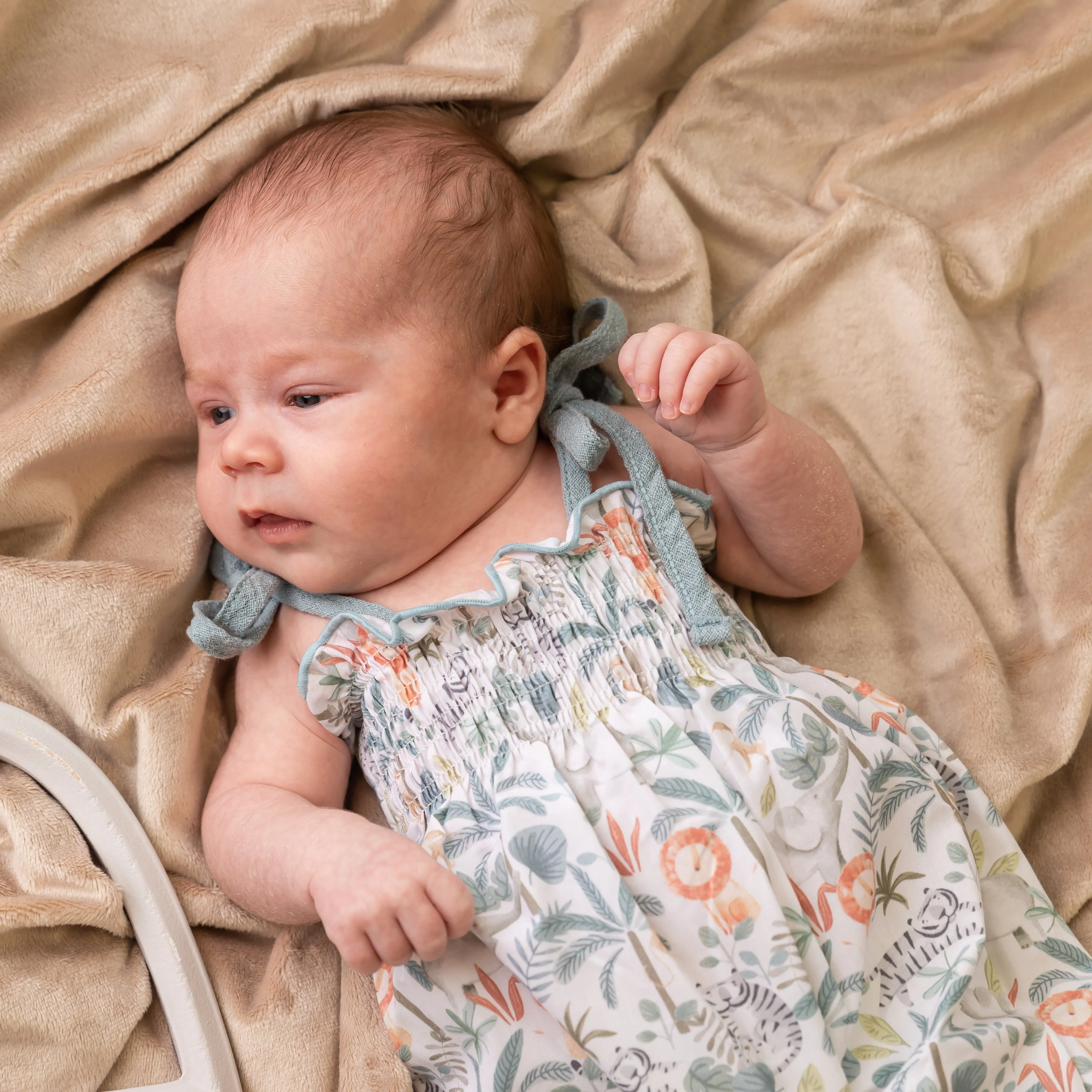 Jungle Print Tie Shoulder Smocked Dungaree Romper
