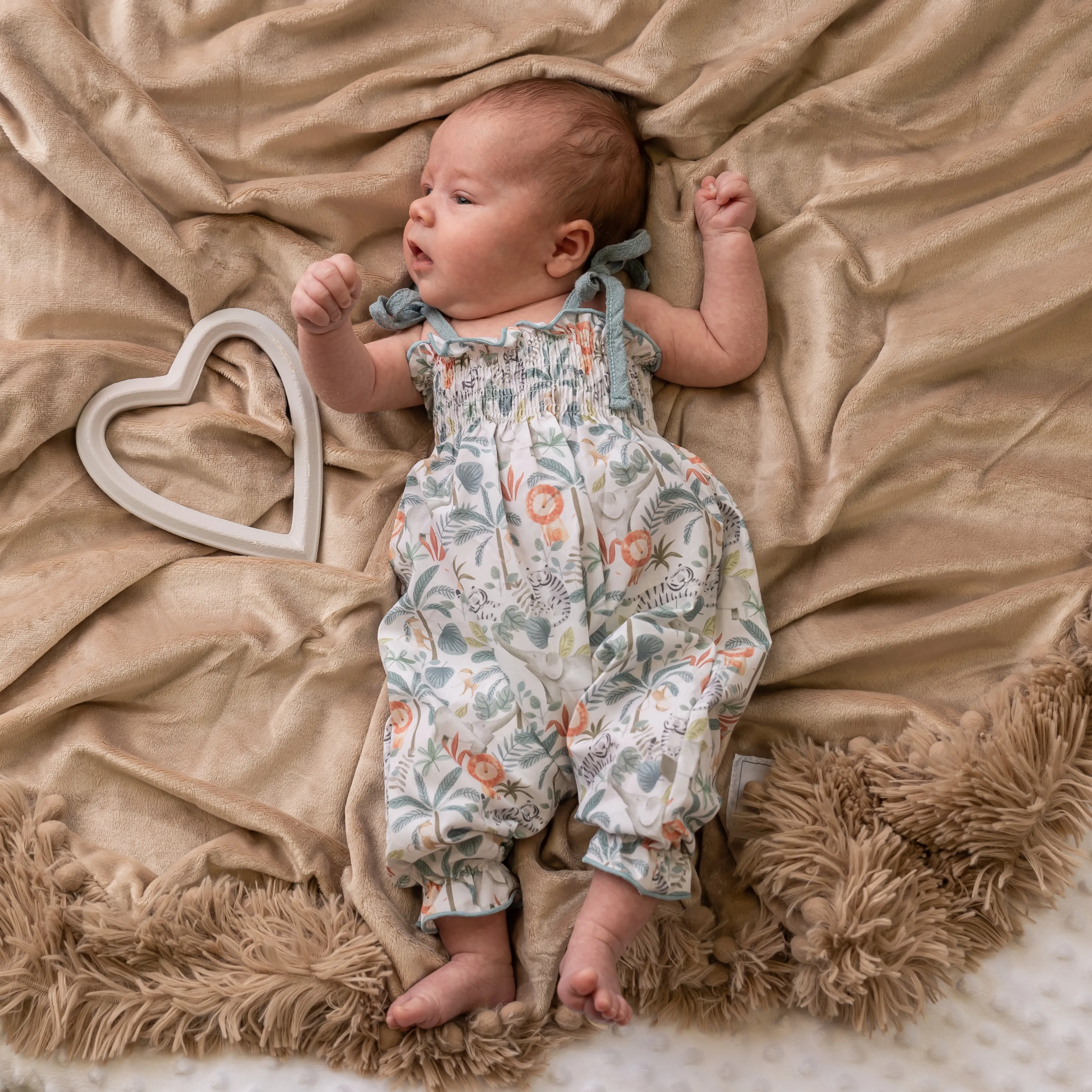 Jungle Print Tie Shoulder Smocked Dungaree Romper