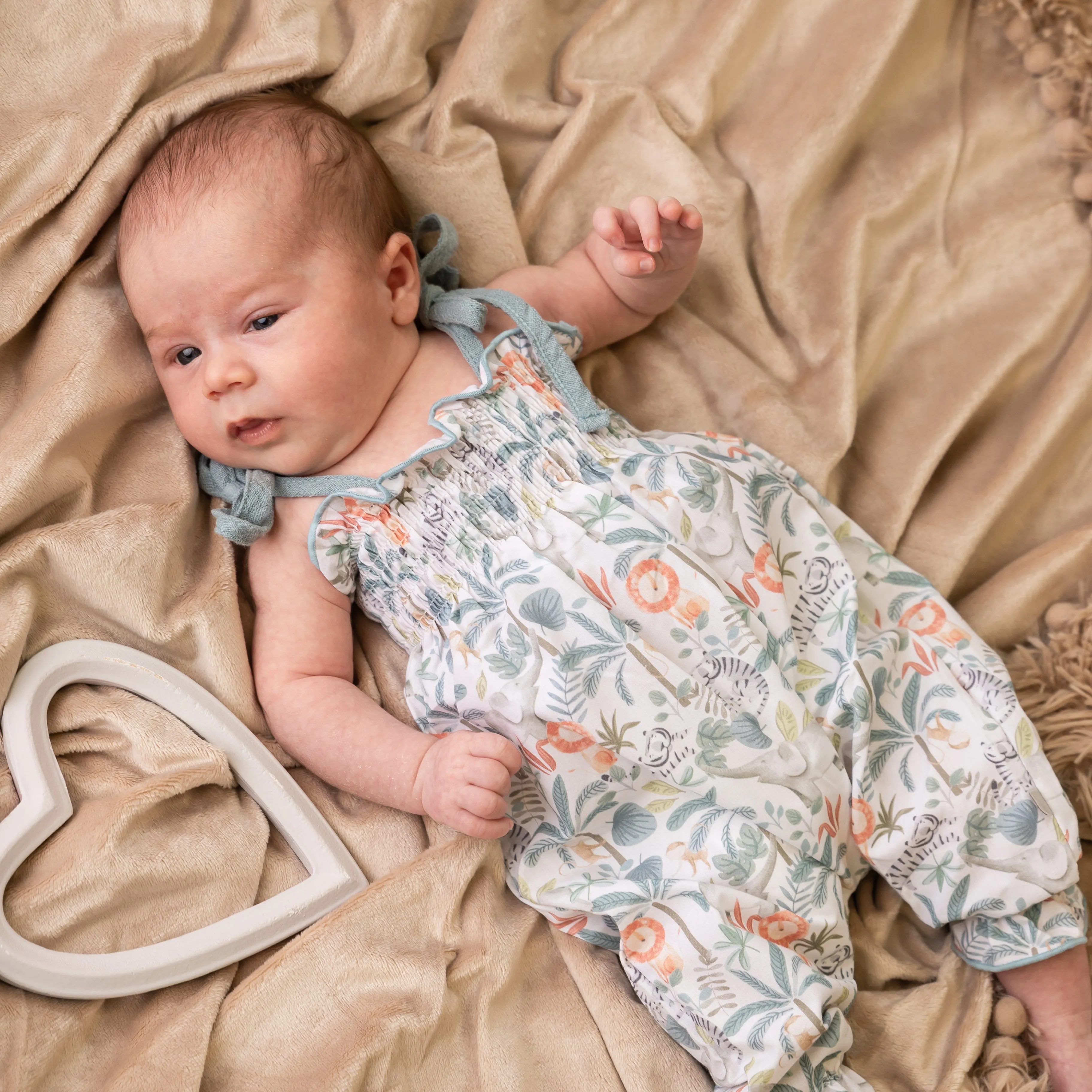 Jungle Print Tie Shoulder Smocked Dungaree Romper