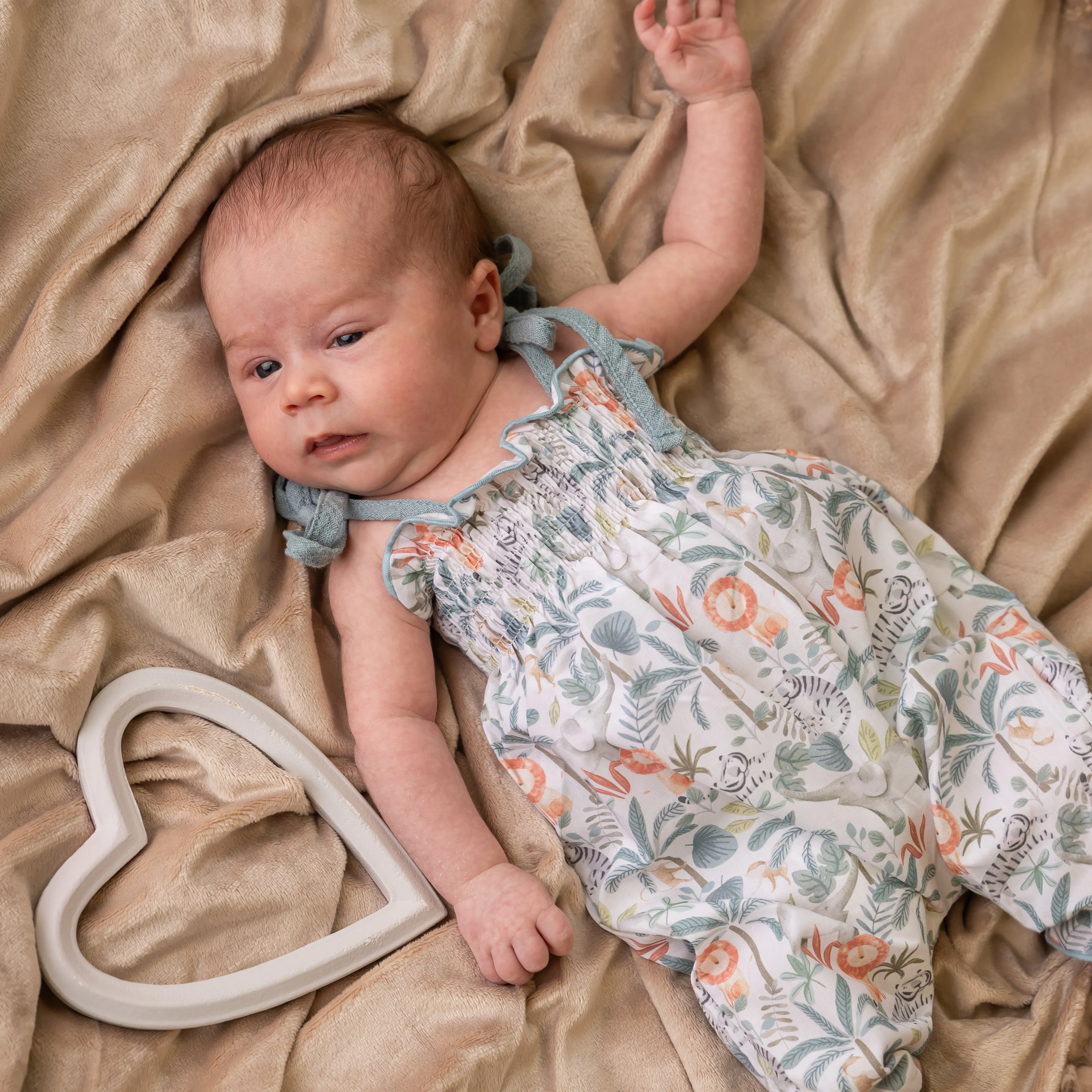 Jungle Print Tie Shoulder Smocked Dungaree Romper