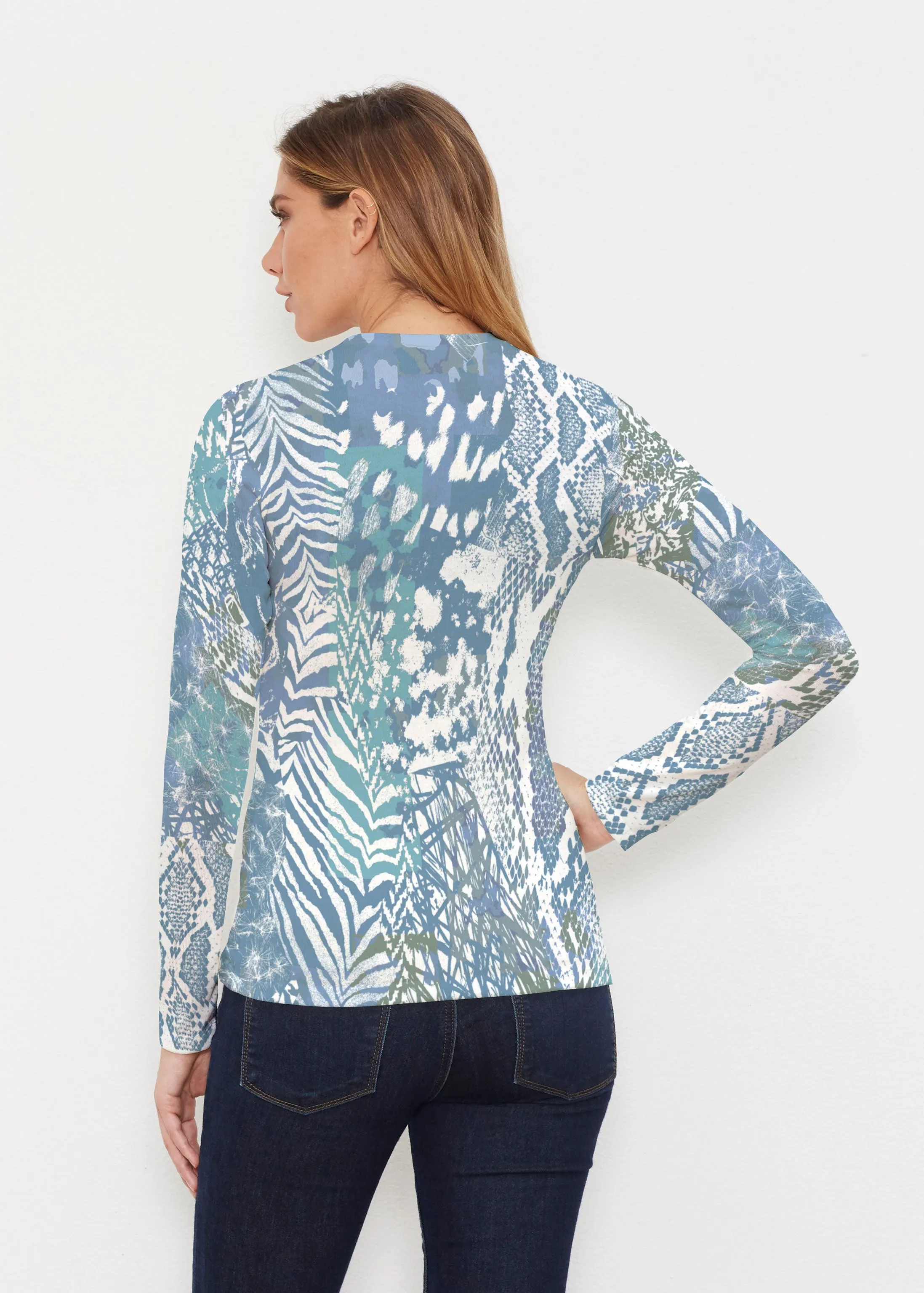 Jungle Warrior Blue (7850) ~ Butterknit Long Sleeve V-Neck Top