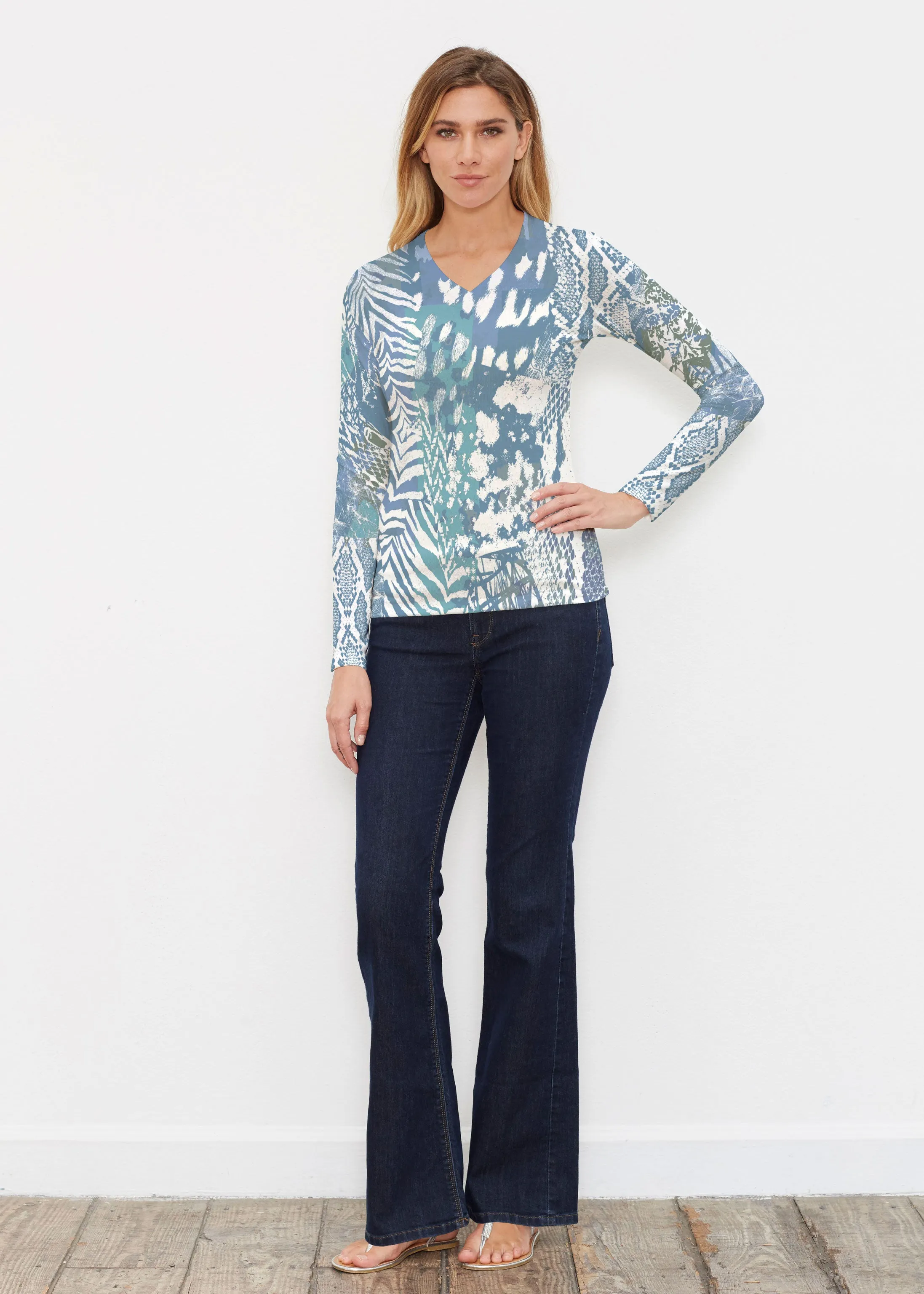 Jungle Warrior Blue (7850) ~ Butterknit Long Sleeve V-Neck Top