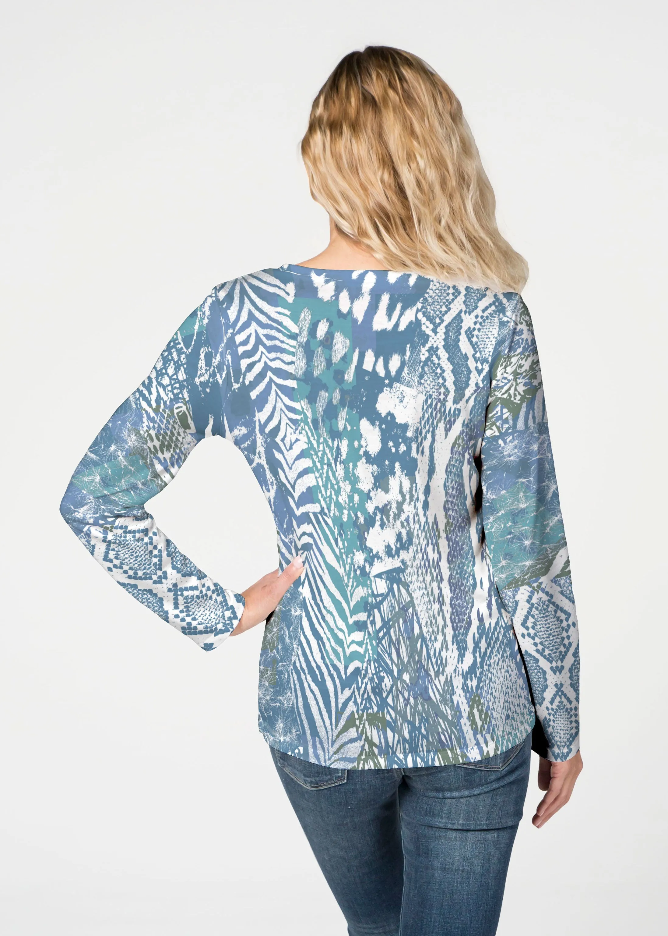Jungle Warrior Blue (7850) ~ French Terry V-neck Top