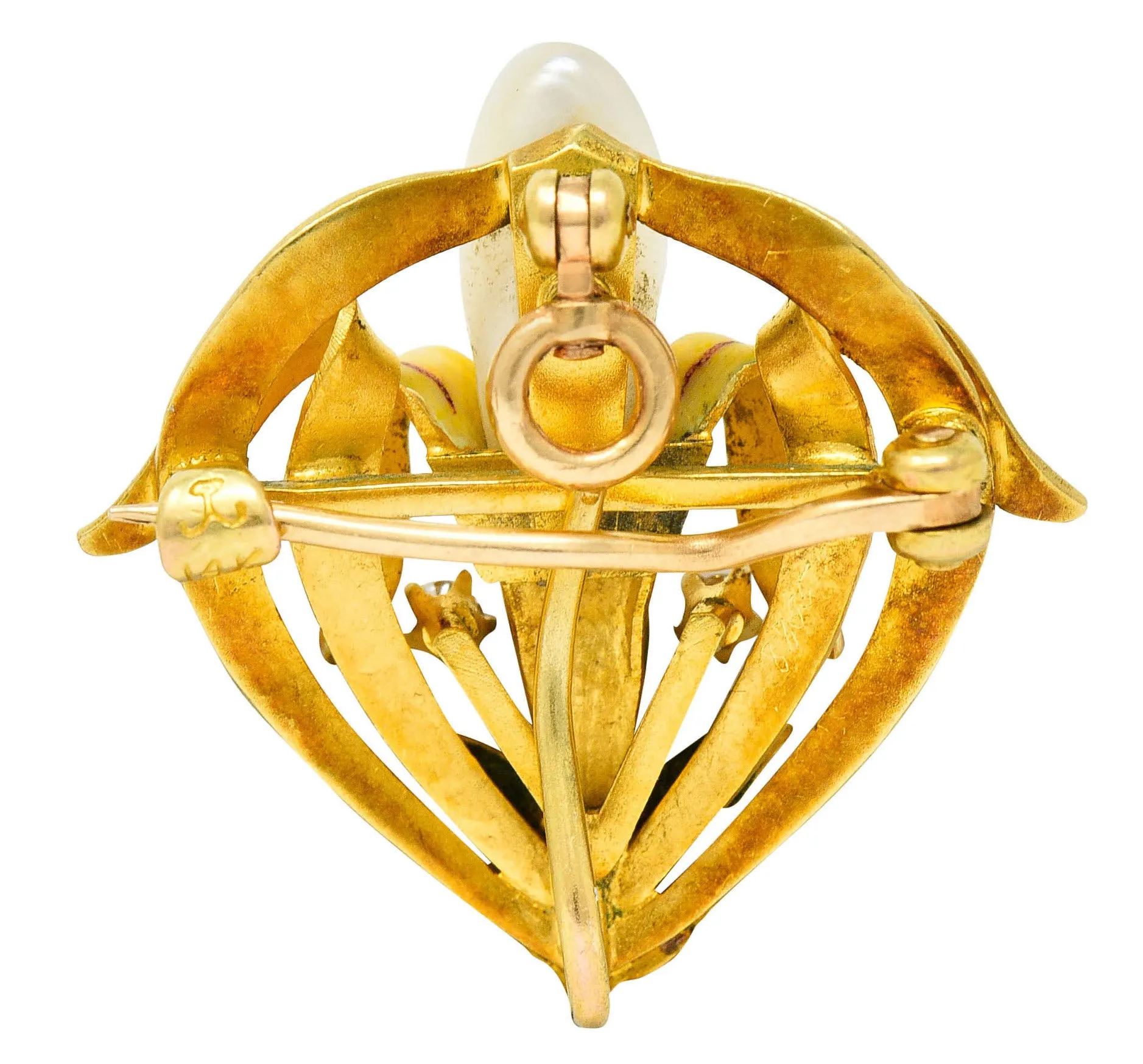 Krementz Art Nouveau Enamel Pearl 14 Karat Gold Water Lily Flower Pendant Brooch