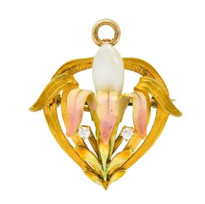 Krementz Art Nouveau Enamel Pearl 14 Karat Gold Water Lily Flower Pendant Brooch