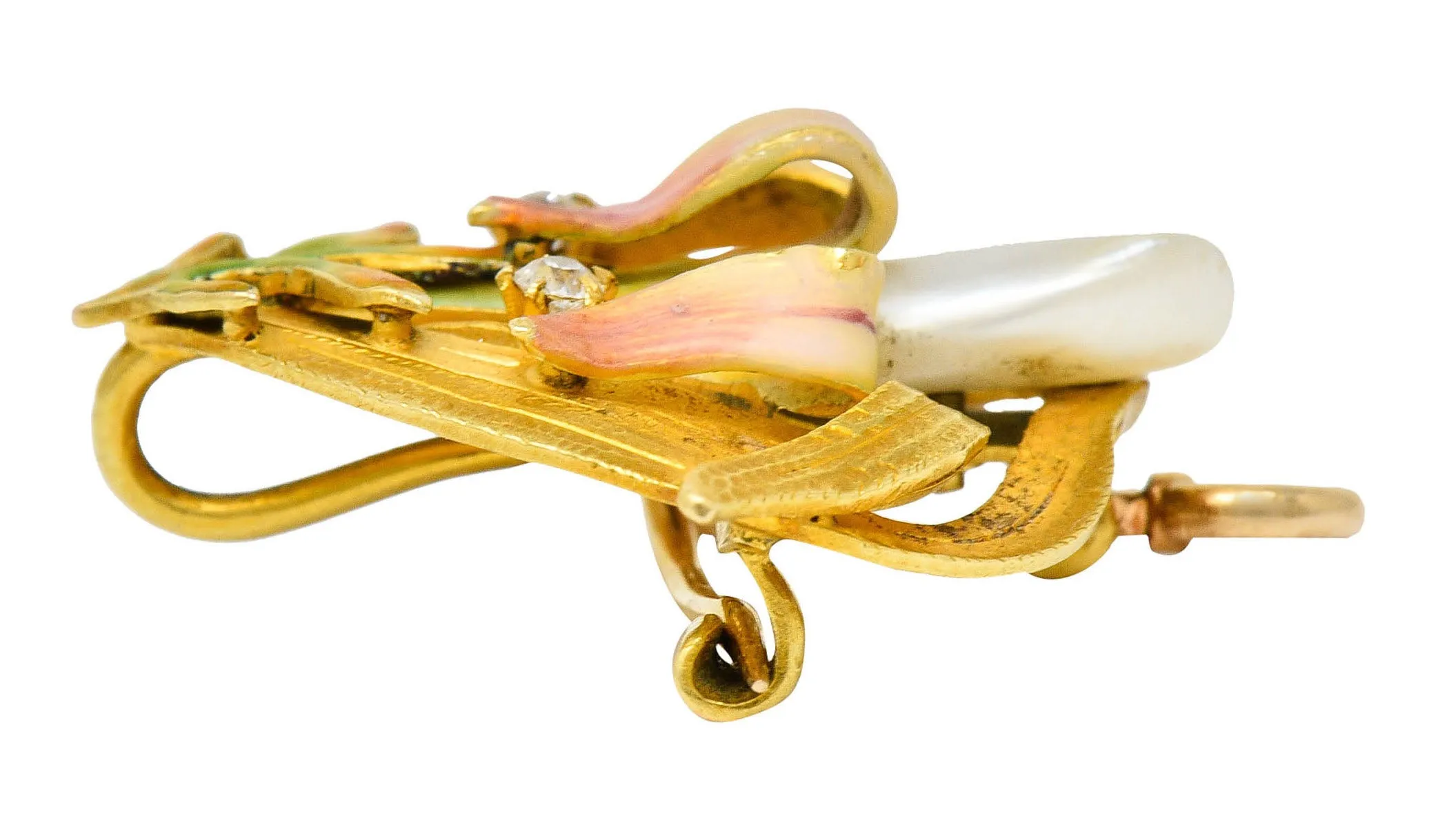 Krementz Art Nouveau Enamel Pearl 14 Karat Gold Water Lily Flower Pendant Brooch