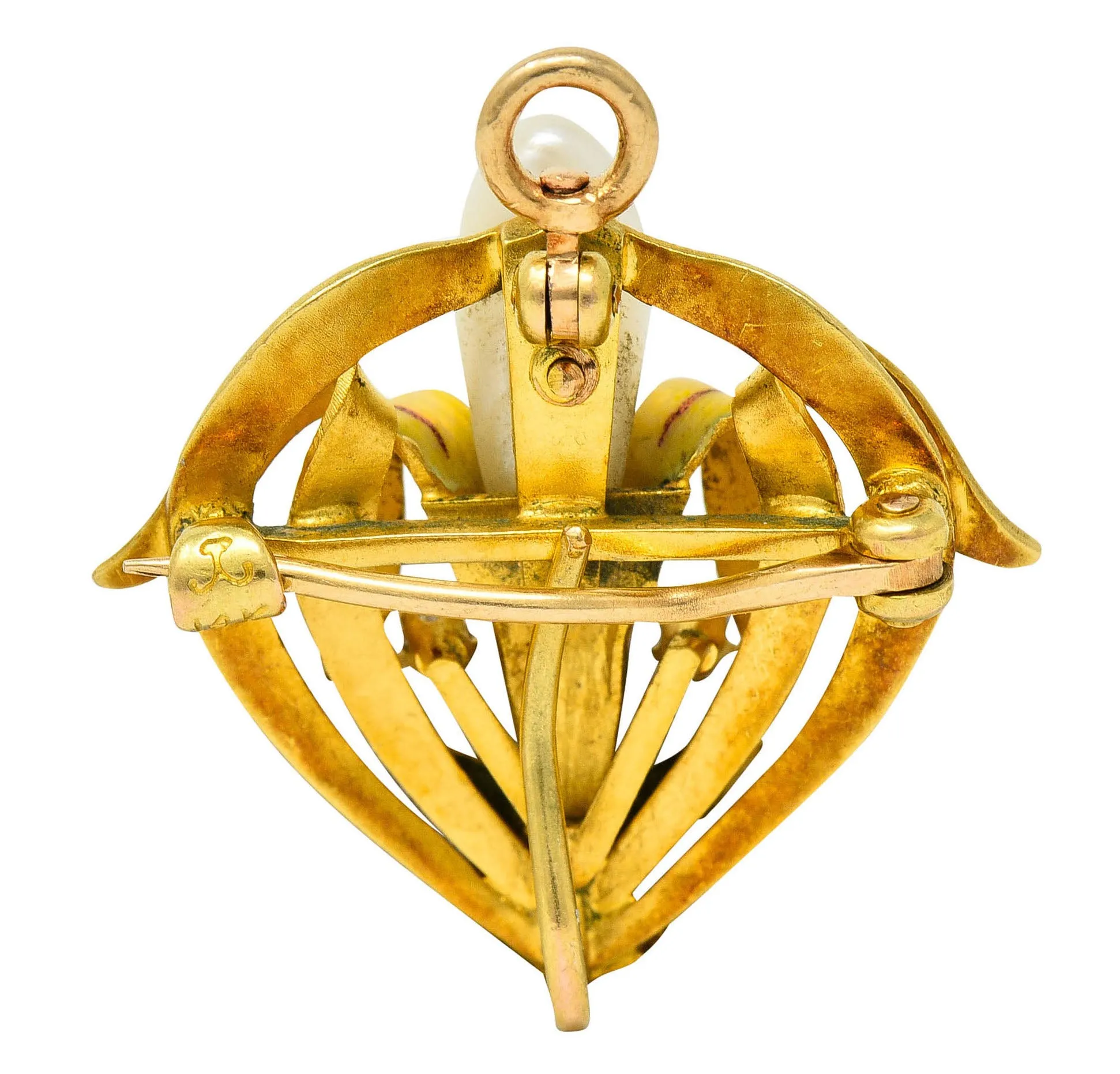 Krementz Art Nouveau Enamel Pearl 14 Karat Gold Water Lily Flower Pendant Brooch