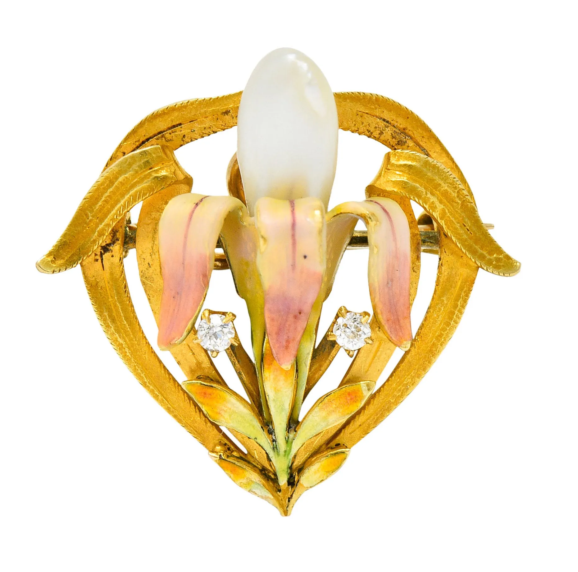 Krementz Art Nouveau Enamel Pearl 14 Karat Gold Water Lily Flower Pendant Brooch