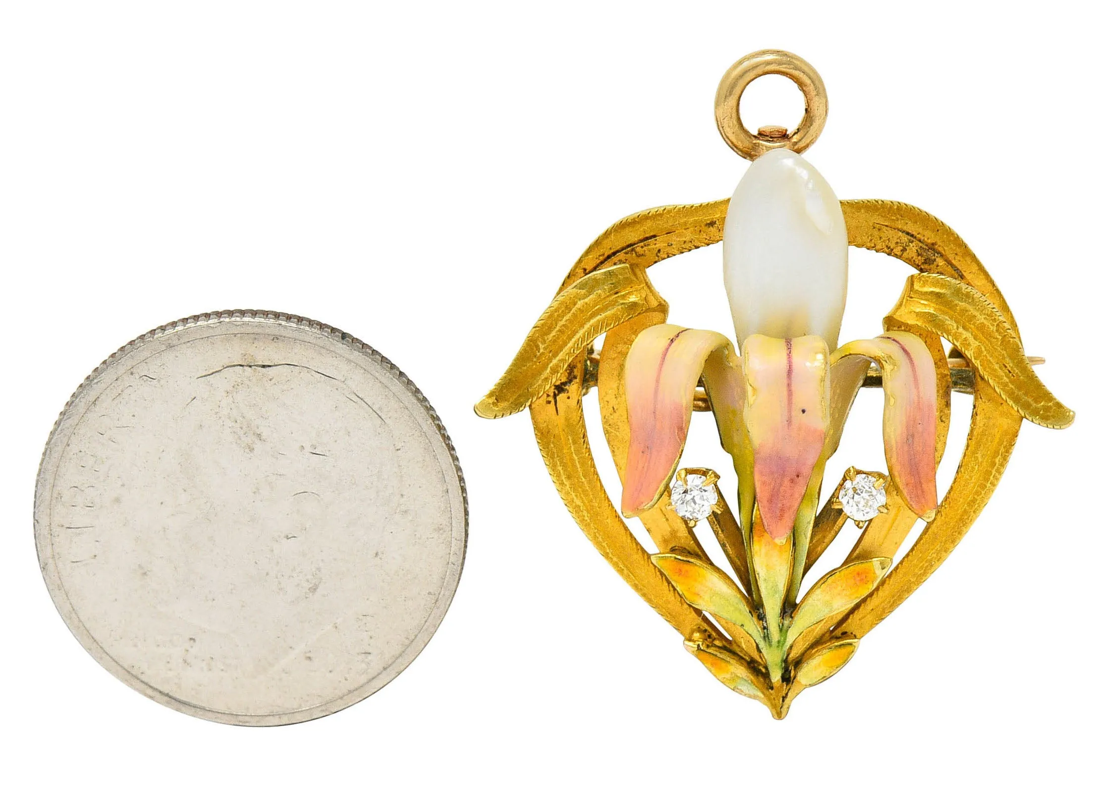 Krementz Art Nouveau Enamel Pearl 14 Karat Gold Water Lily Flower Pendant Brooch