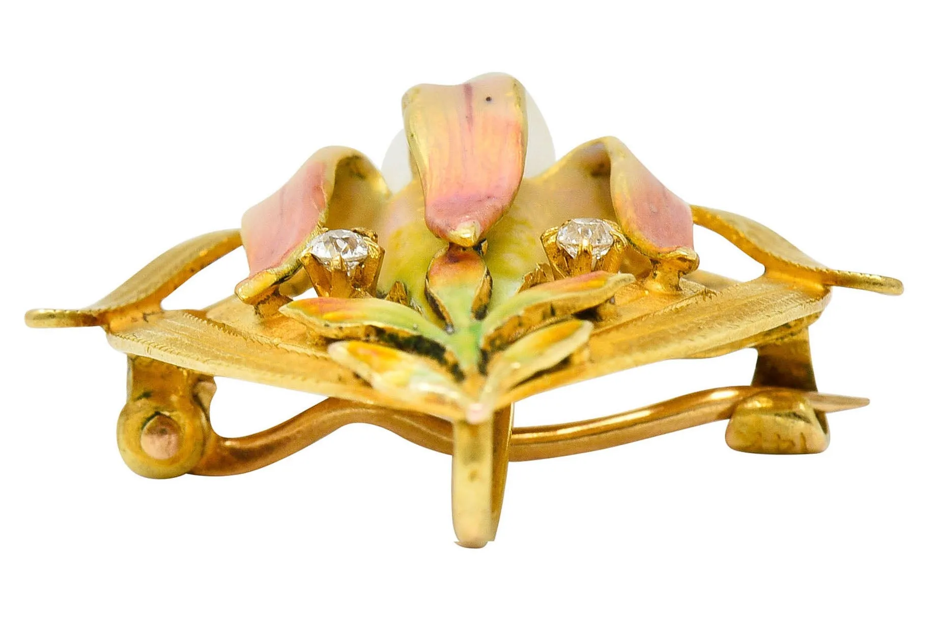 Krementz Art Nouveau Enamel Pearl 14 Karat Gold Water Lily Flower Pendant Brooch