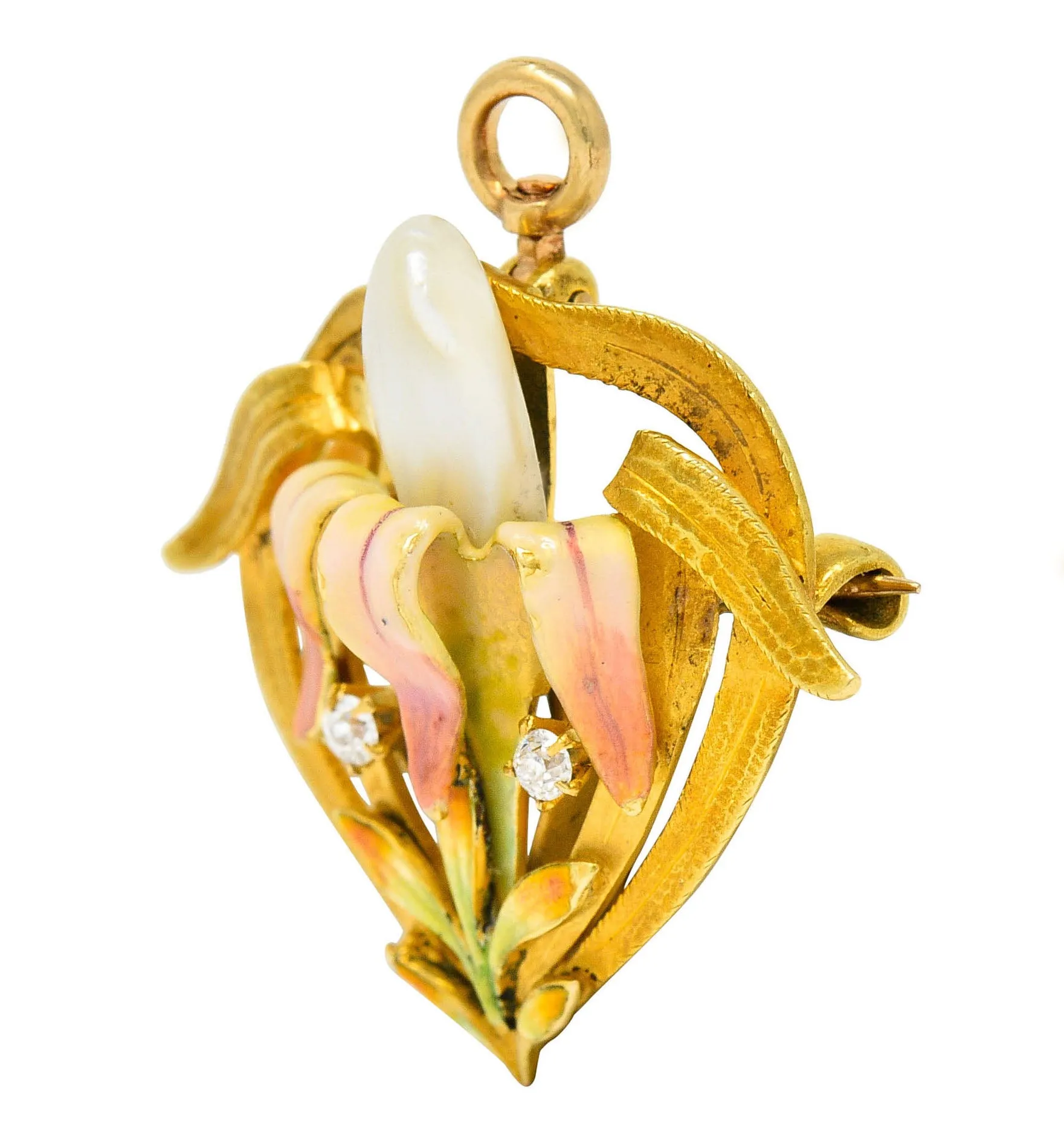 Krementz Art Nouveau Enamel Pearl 14 Karat Gold Water Lily Flower Pendant Brooch
