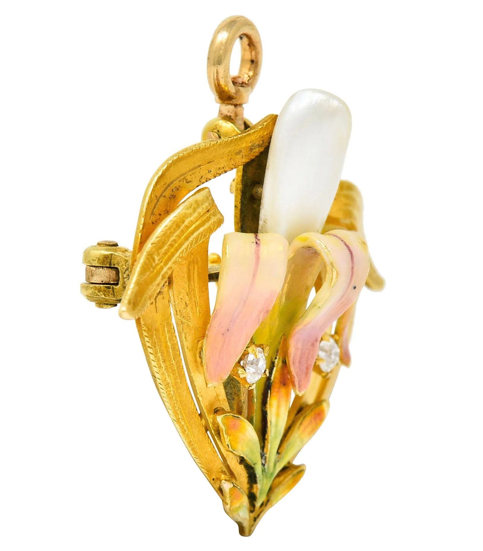 Krementz Art Nouveau Enamel Pearl 14 Karat Gold Water Lily Flower Pendant Brooch
