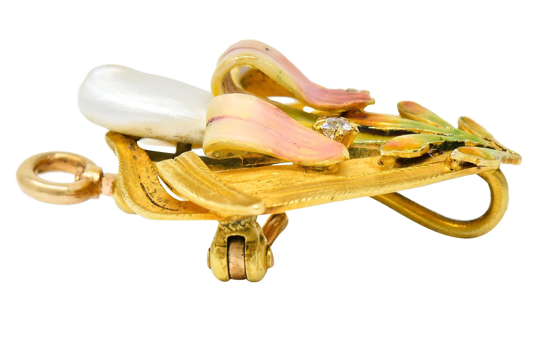 Krementz Art Nouveau Enamel Pearl 14 Karat Gold Water Lily Flower Pendant Brooch