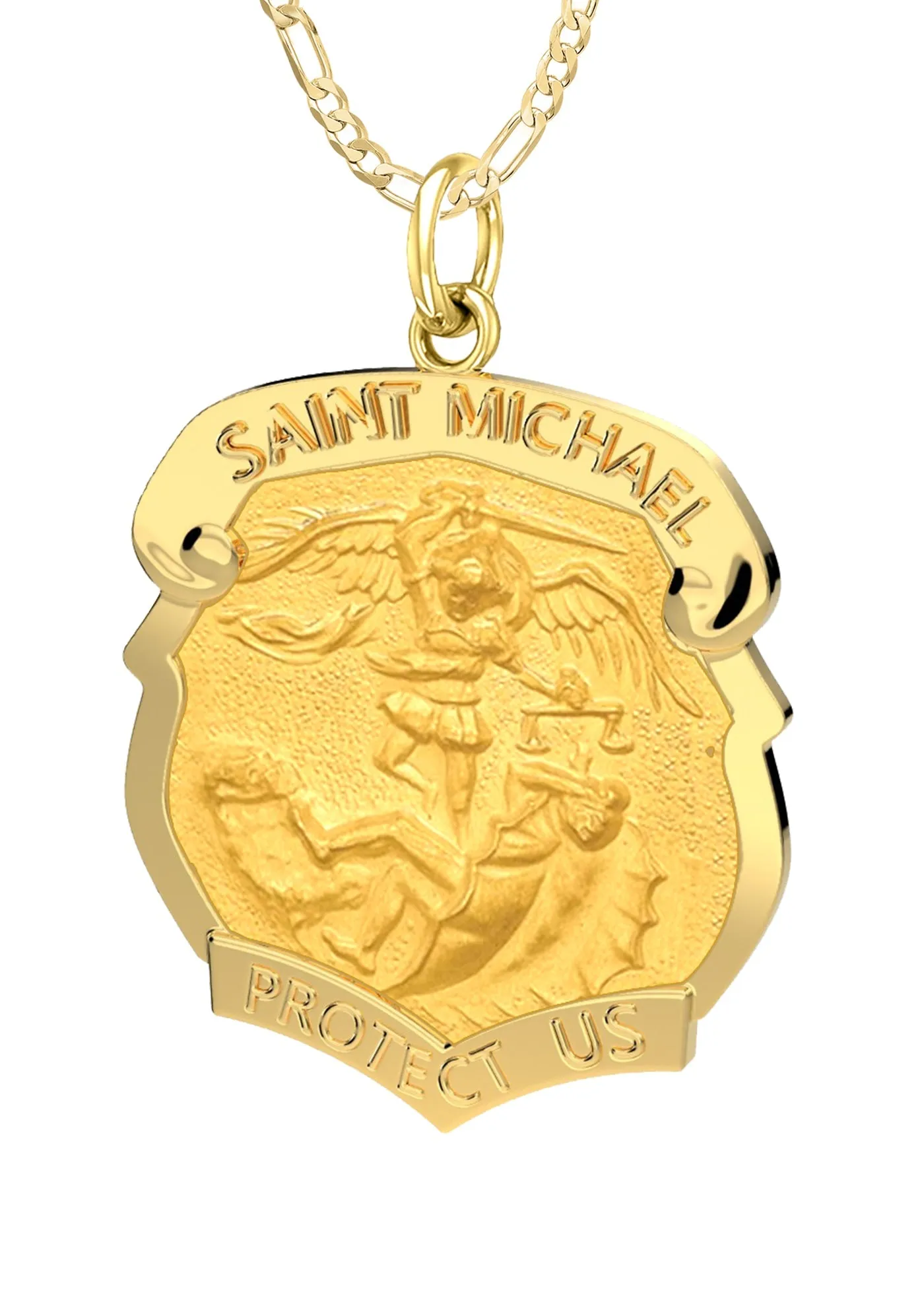 Ladies 14k Yellow Gold Badge St Saint Michael Solid Medal Pendant Necklace, 28mm