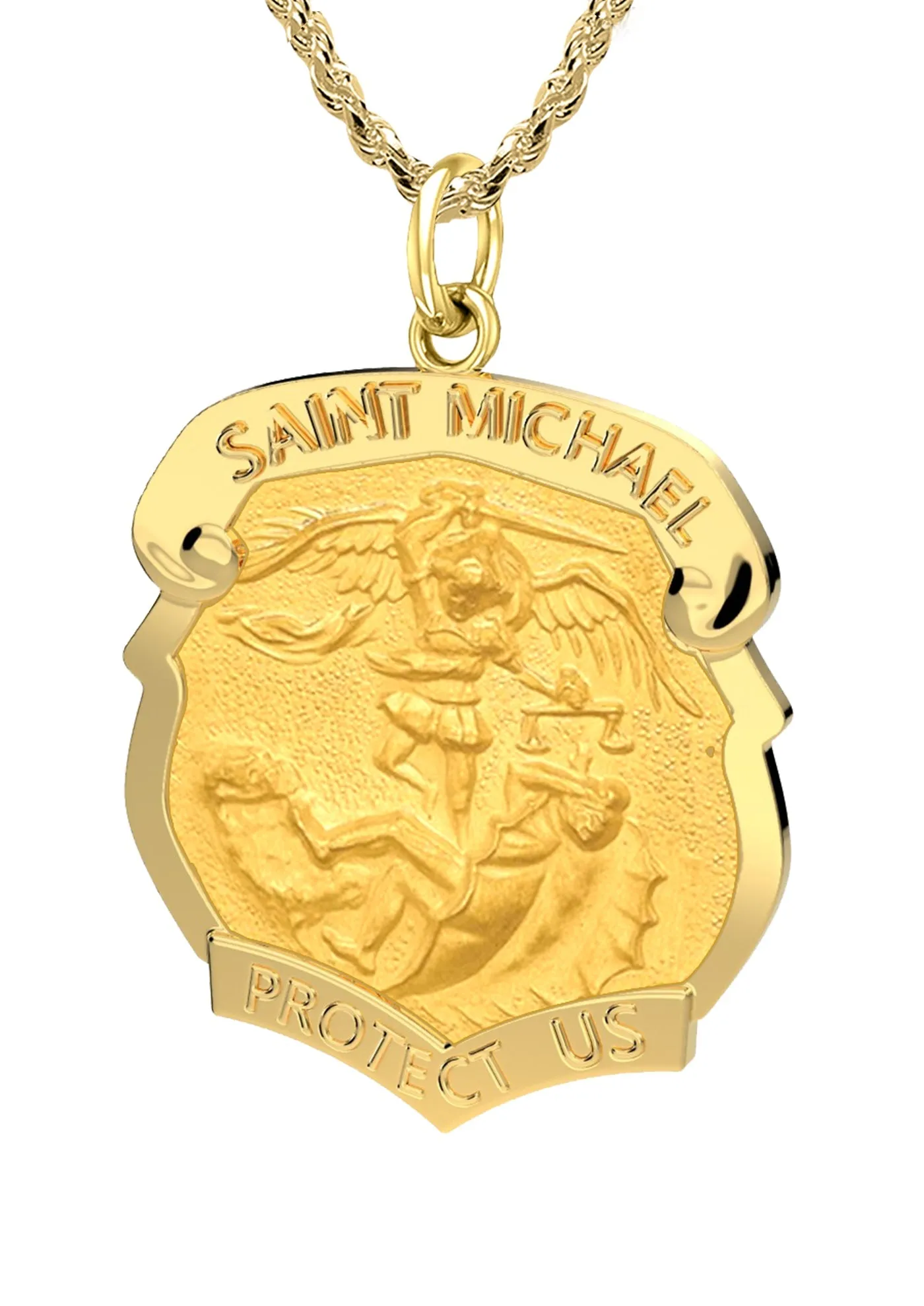 Ladies 14k Yellow Gold Badge St Saint Michael Solid Medal Pendant Necklace, 28mm