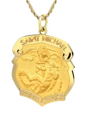 Ladies 14k Yellow Gold Badge St Saint Michael Solid Medal Pendant Necklace, 28mm