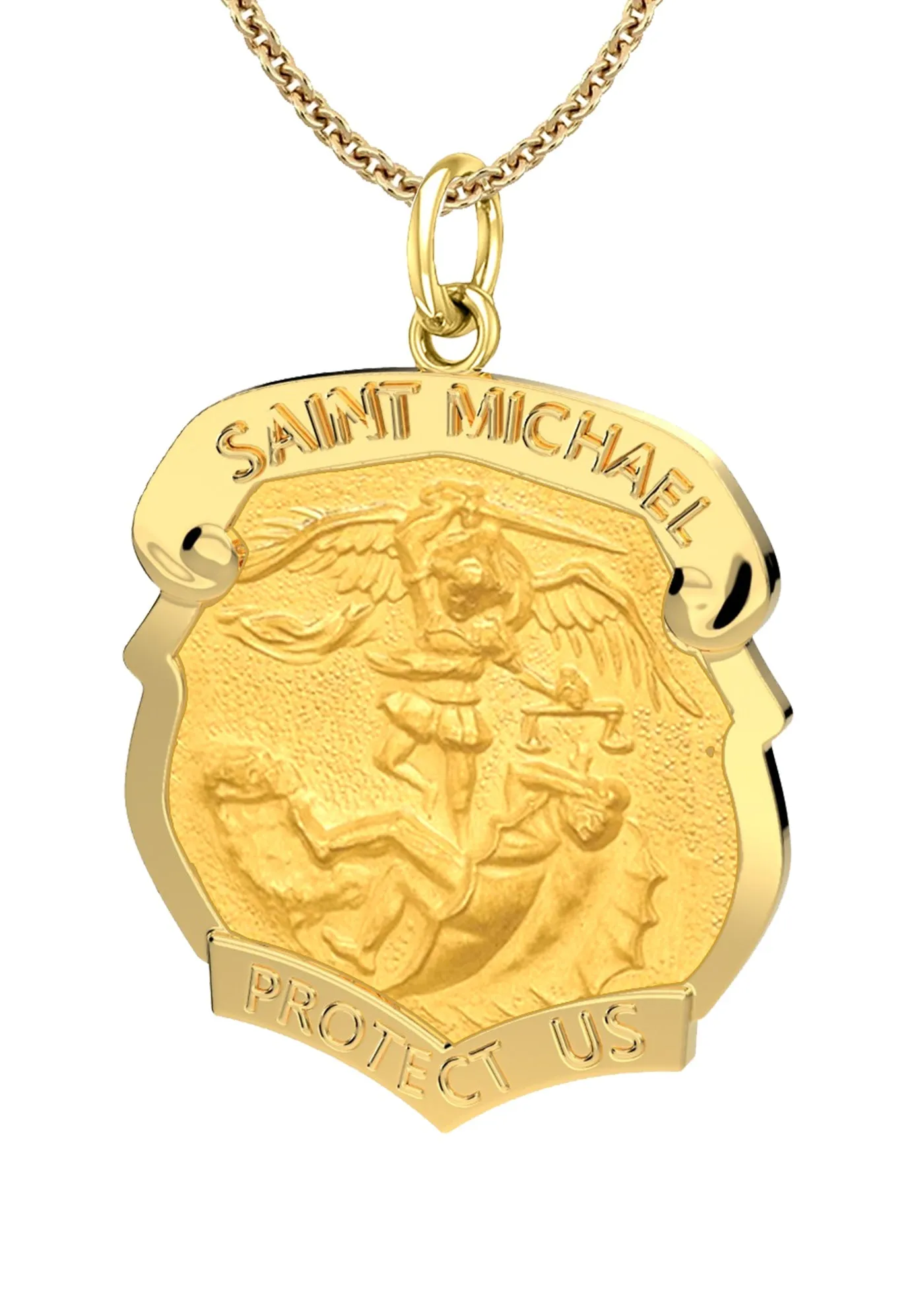 Ladies 14k Yellow Gold Badge St Saint Michael Solid Medal Pendant Necklace, 28mm