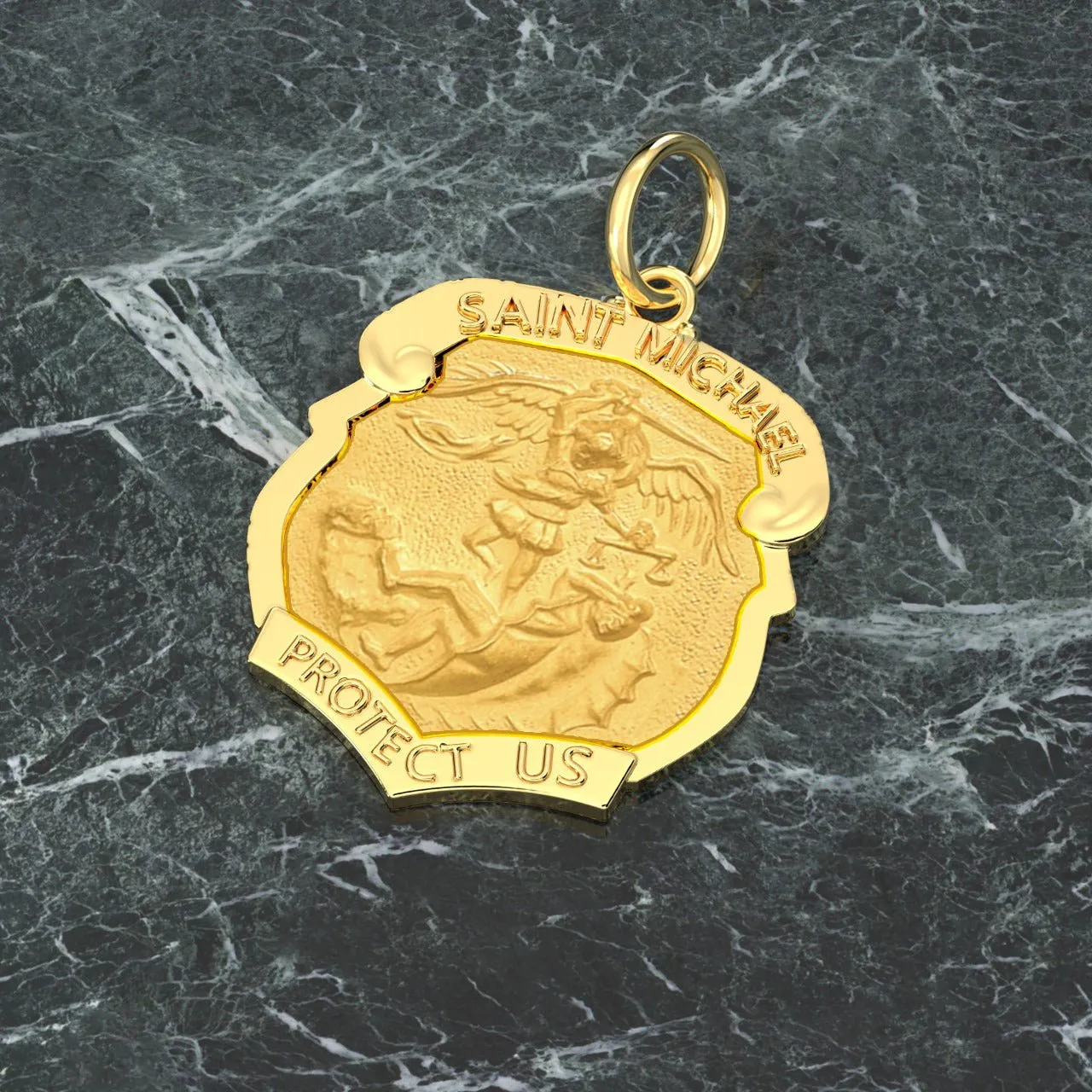 Ladies 14k Yellow Gold Badge St Saint Michael Solid Medal Pendant Necklace, 28mm