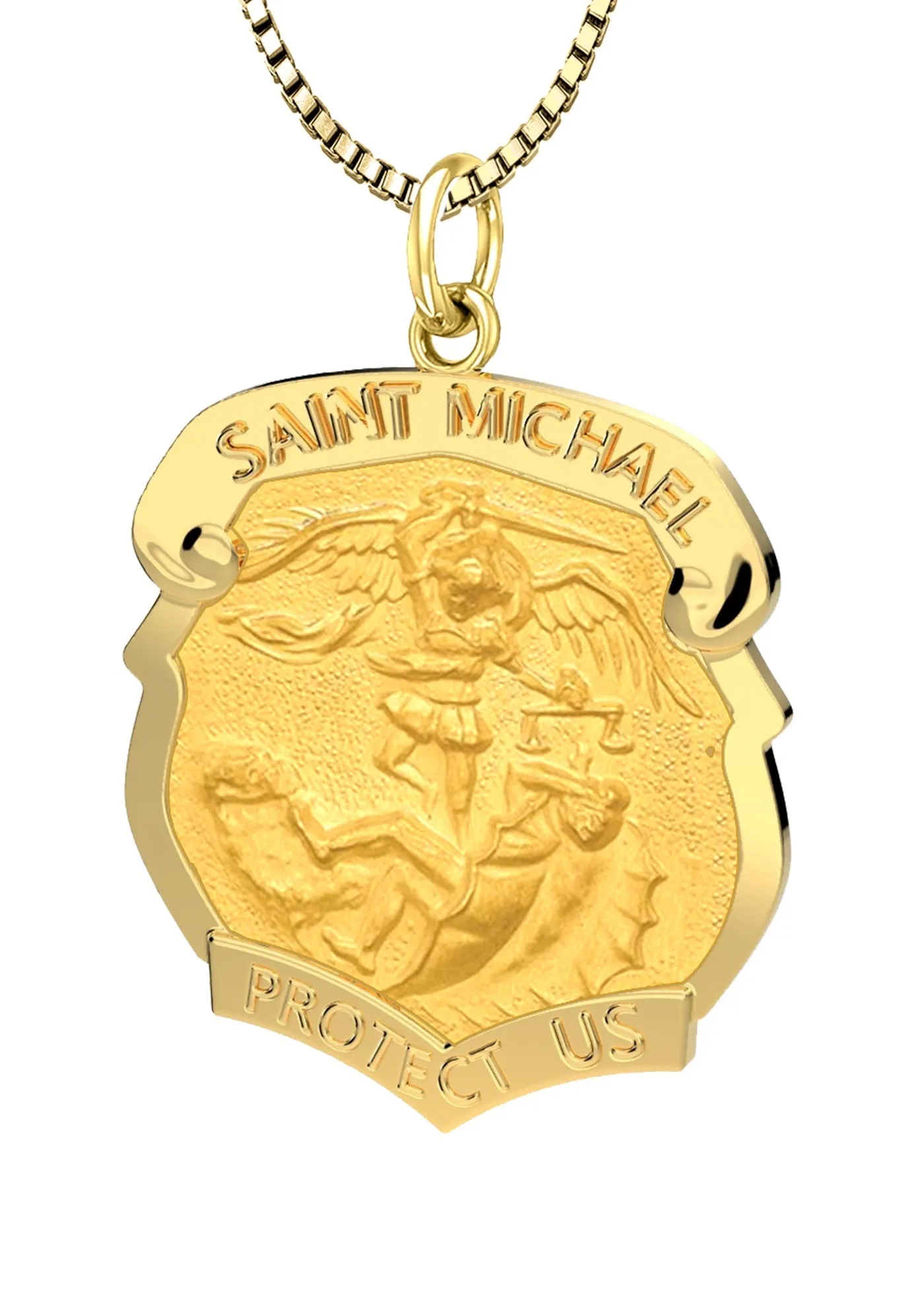 Ladies 14k Yellow Gold Badge St Saint Michael Solid Medal Pendant Necklace, 28mm