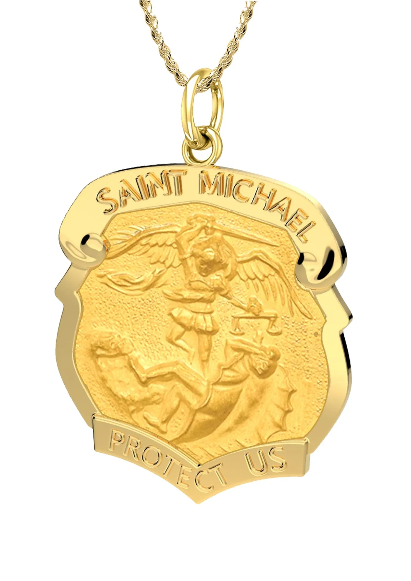 Ladies 14k Yellow Gold Badge St Saint Michael Solid Medal Pendant Necklace, 28mm