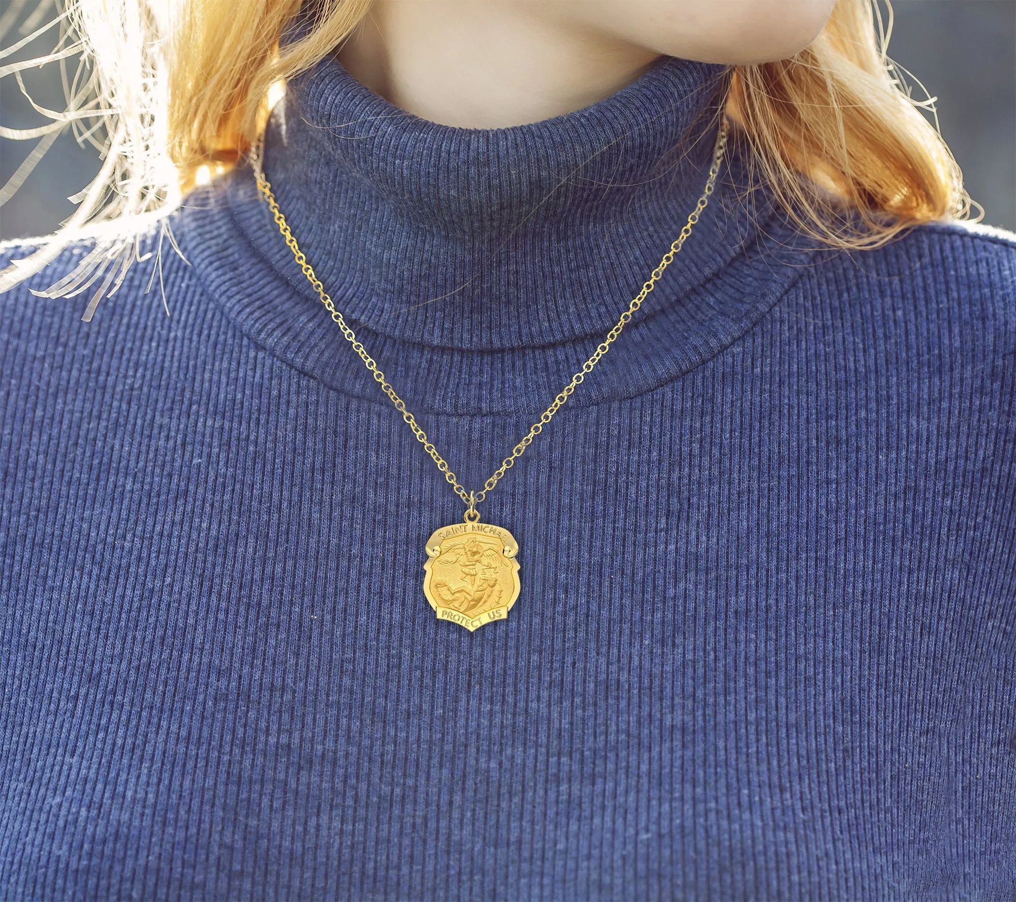 Ladies 14k Yellow Gold Badge St Saint Michael Solid Medal Pendant Necklace, 28mm