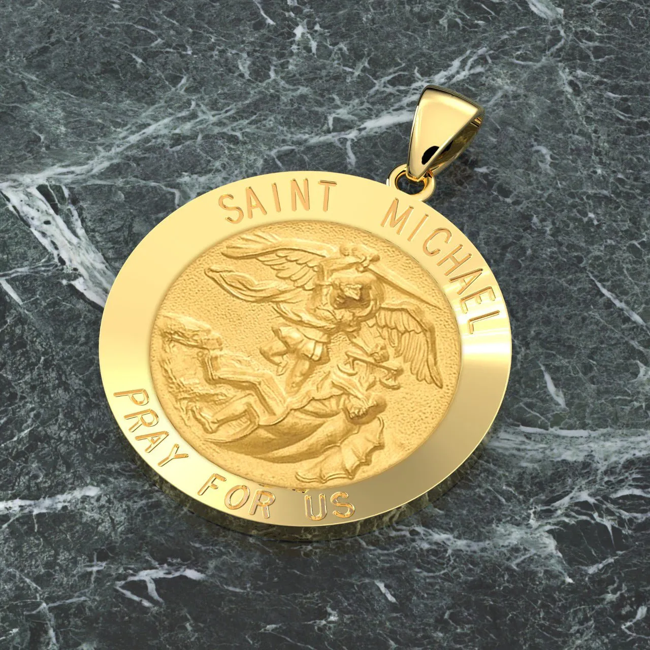 Ladies 14k Yellow Gold Round St Saint Michael Hollow Medal Pendant Necklace, 22mm