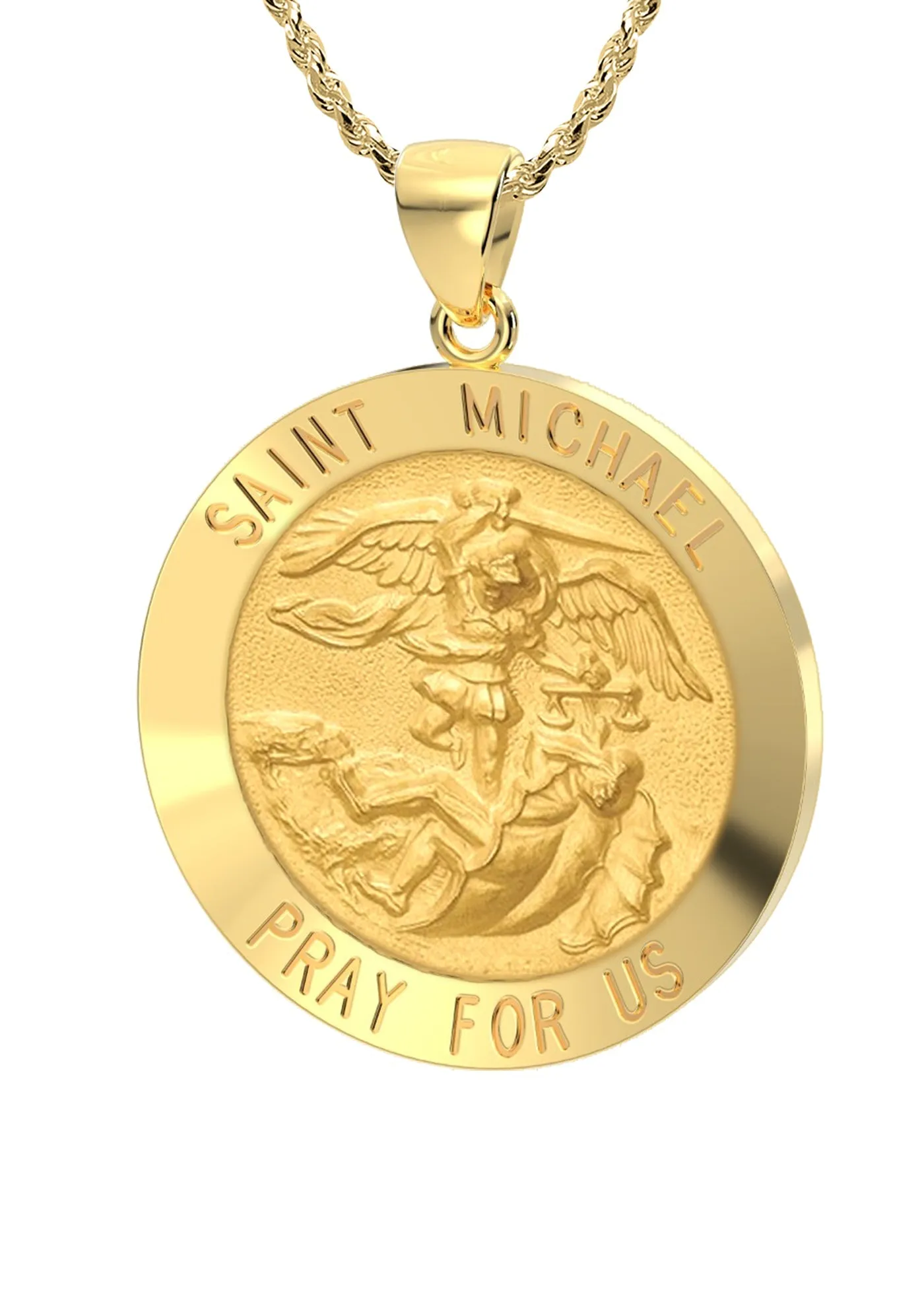 Ladies 14k Yellow Gold Round St Saint Michael Hollow Medal Pendant Necklace, 22mm