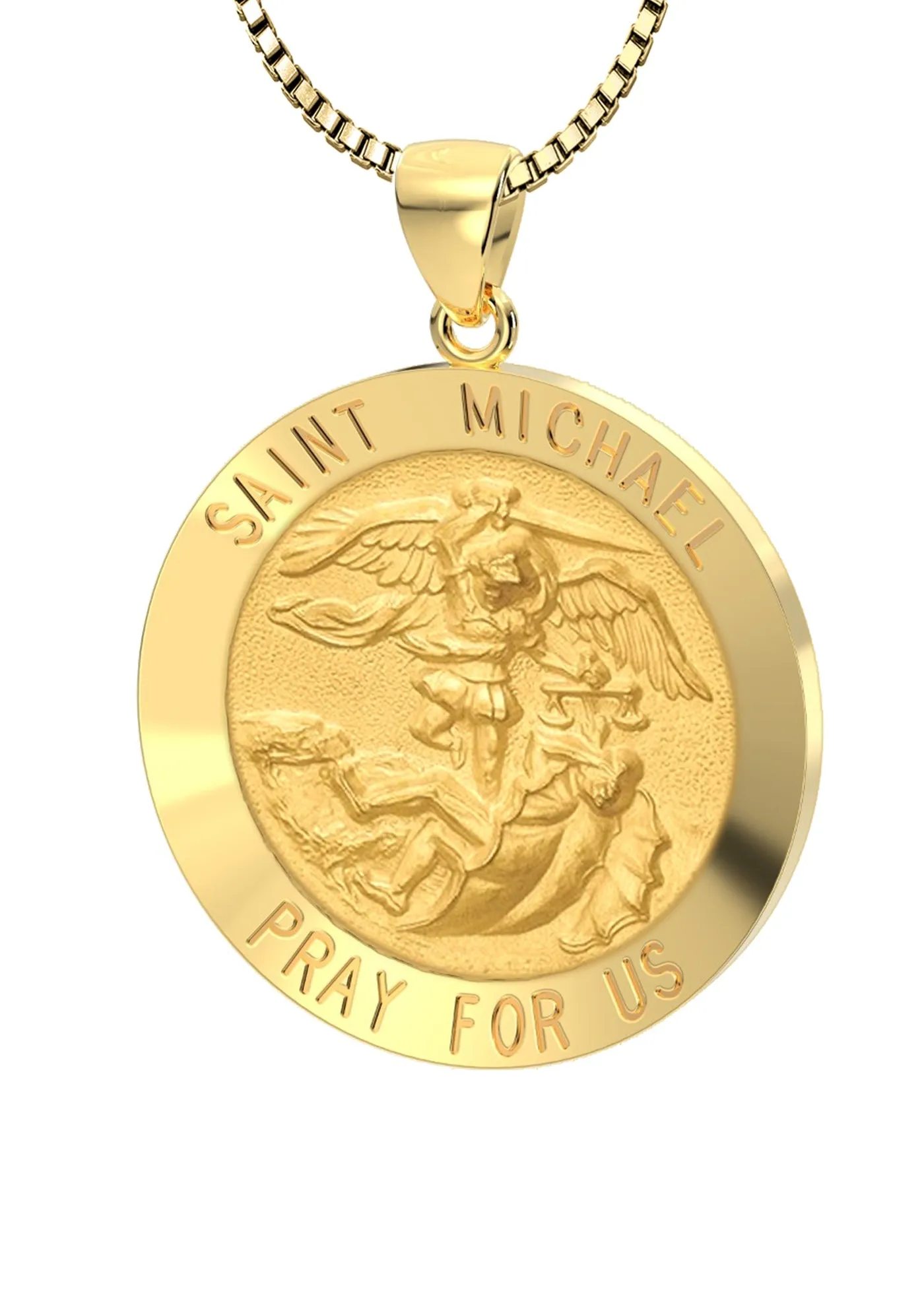 Ladies 14k Yellow Gold Round St Saint Michael Hollow Medal Pendant Necklace, 22mm