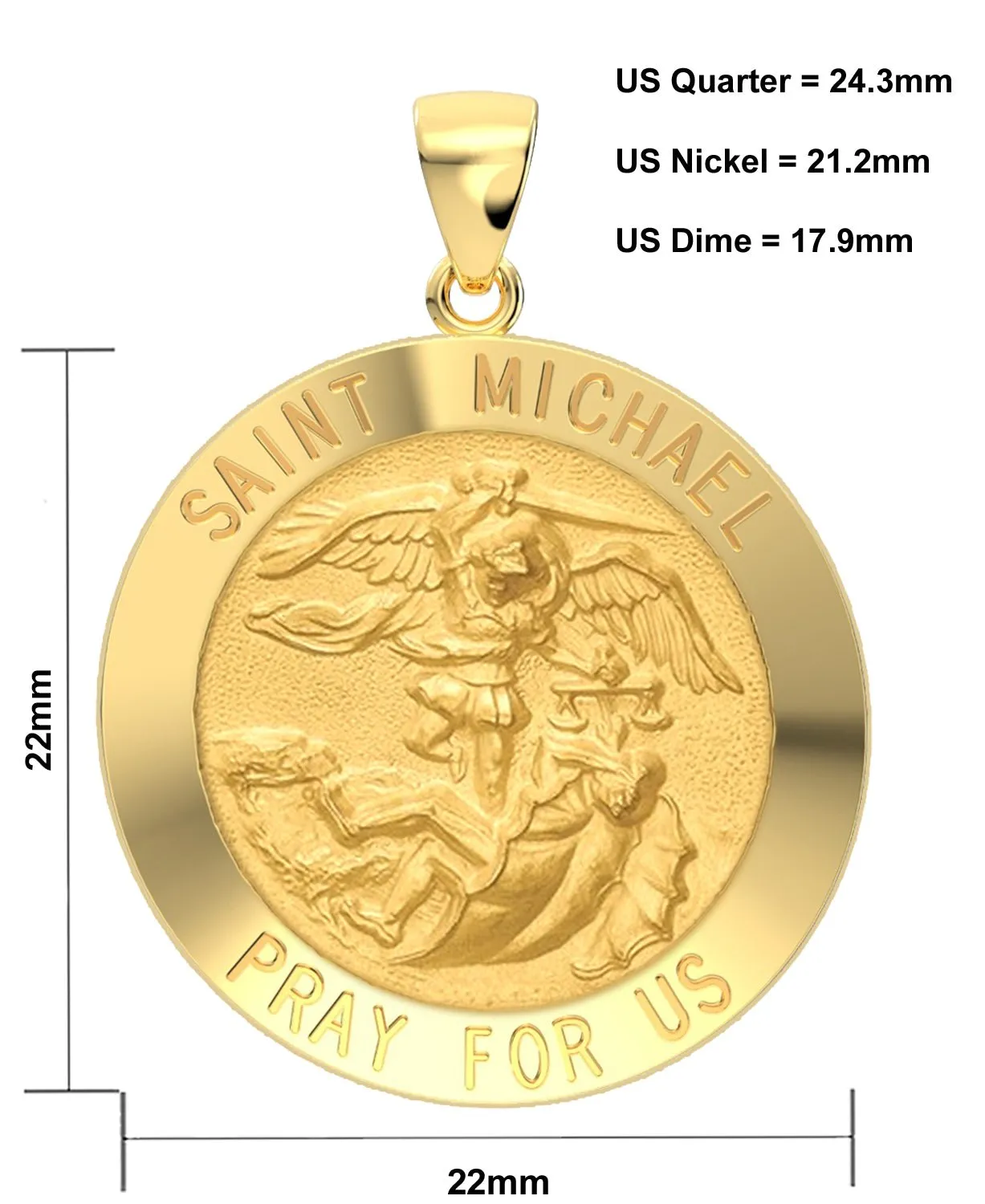 Ladies 14k Yellow Gold Round St Saint Michael Hollow Medal Pendant Necklace, 22mm