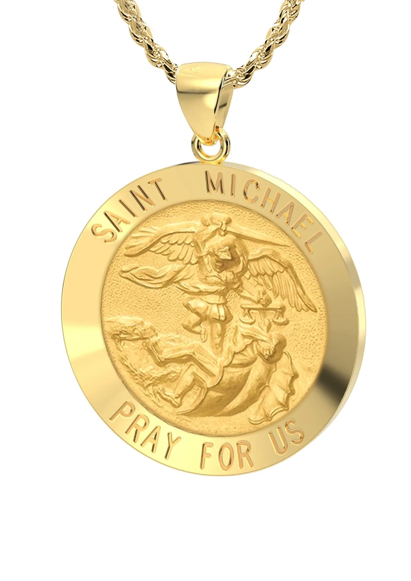 Ladies 14k Yellow Gold Round St Saint Michael Hollow Medal Pendant Necklace, 22mm