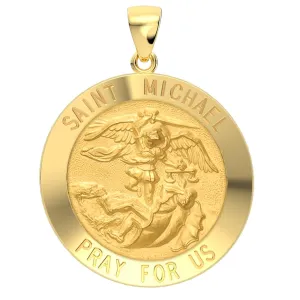 Ladies 14k Yellow Gold Round St Saint Michael Hollow Medal Pendant Necklace, 22mm