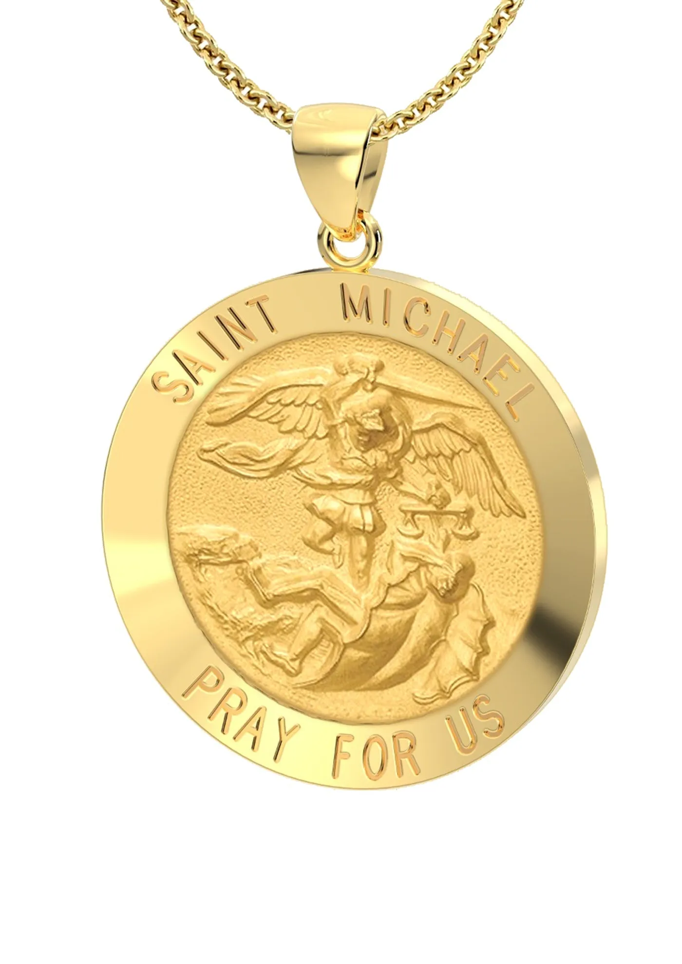 Ladies 14k Yellow Gold Round St Saint Michael Hollow Medal Pendant Necklace, 22mm