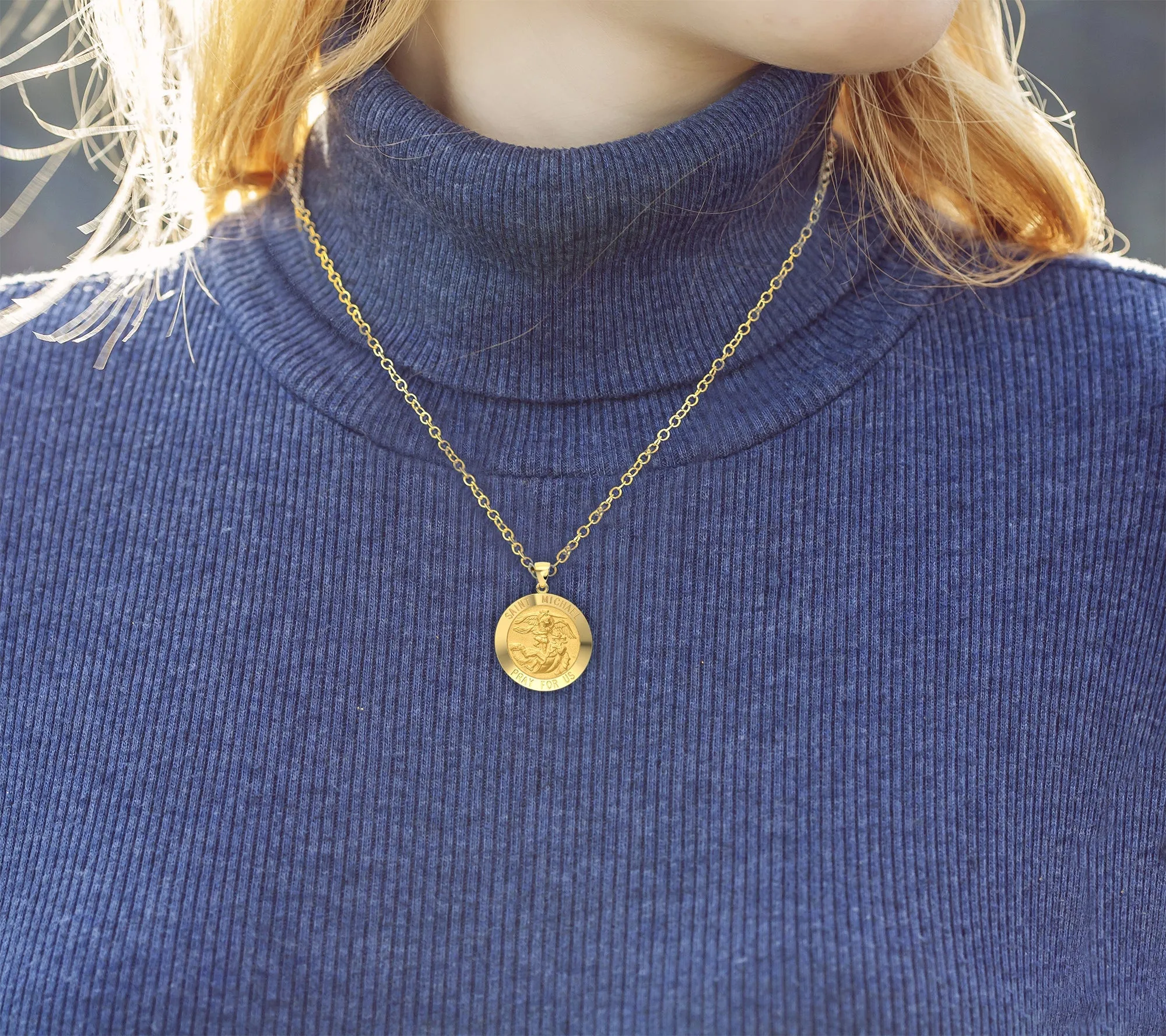 Ladies 14k Yellow Gold Round St Saint Michael Hollow Medal Pendant Necklace, 22mm