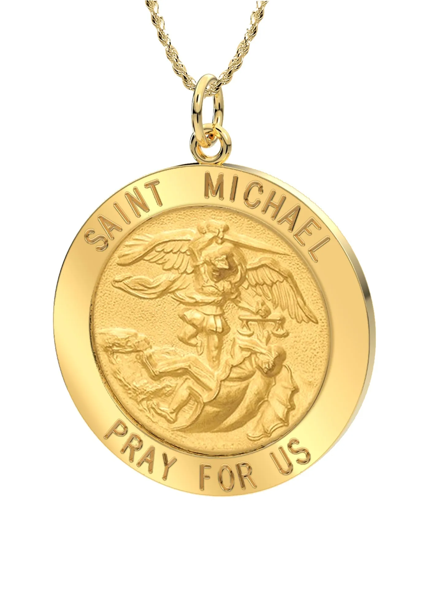 Ladies 14k Yellow Gold Round St Saint Michael Solid Medal Pendant Necklace, 22mm