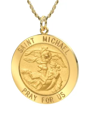 Ladies 14k Yellow Gold Round St Saint Michael Solid Medal Pendant Necklace, 22mm