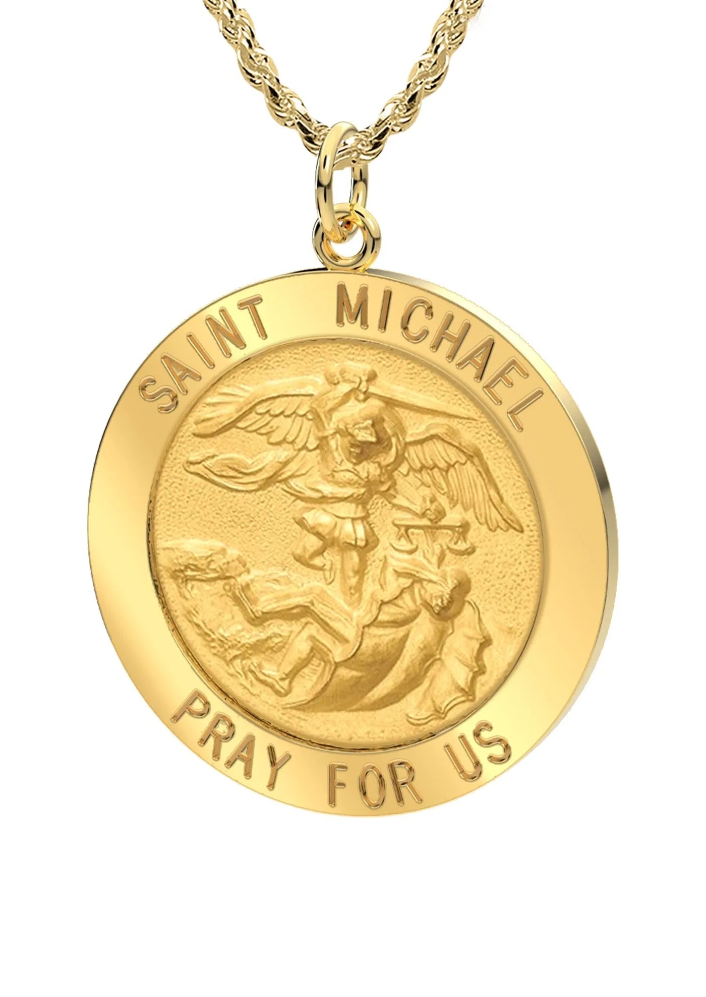 Ladies 14k Yellow Gold Round St Saint Michael Solid Medal Pendant Necklace, 22mm