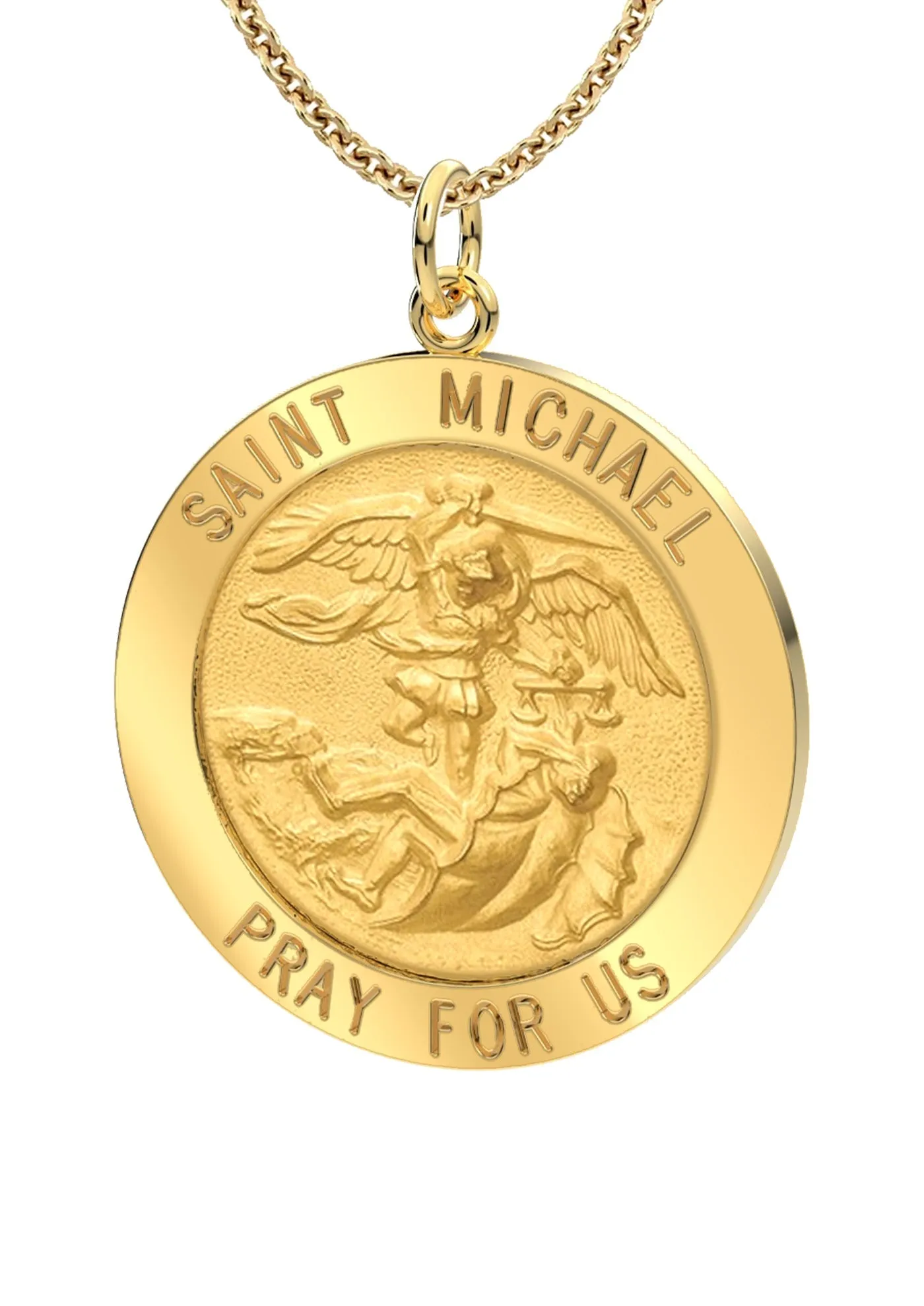 Ladies 14k Yellow Gold Round St Saint Michael Solid Medal Pendant Necklace, 22mm