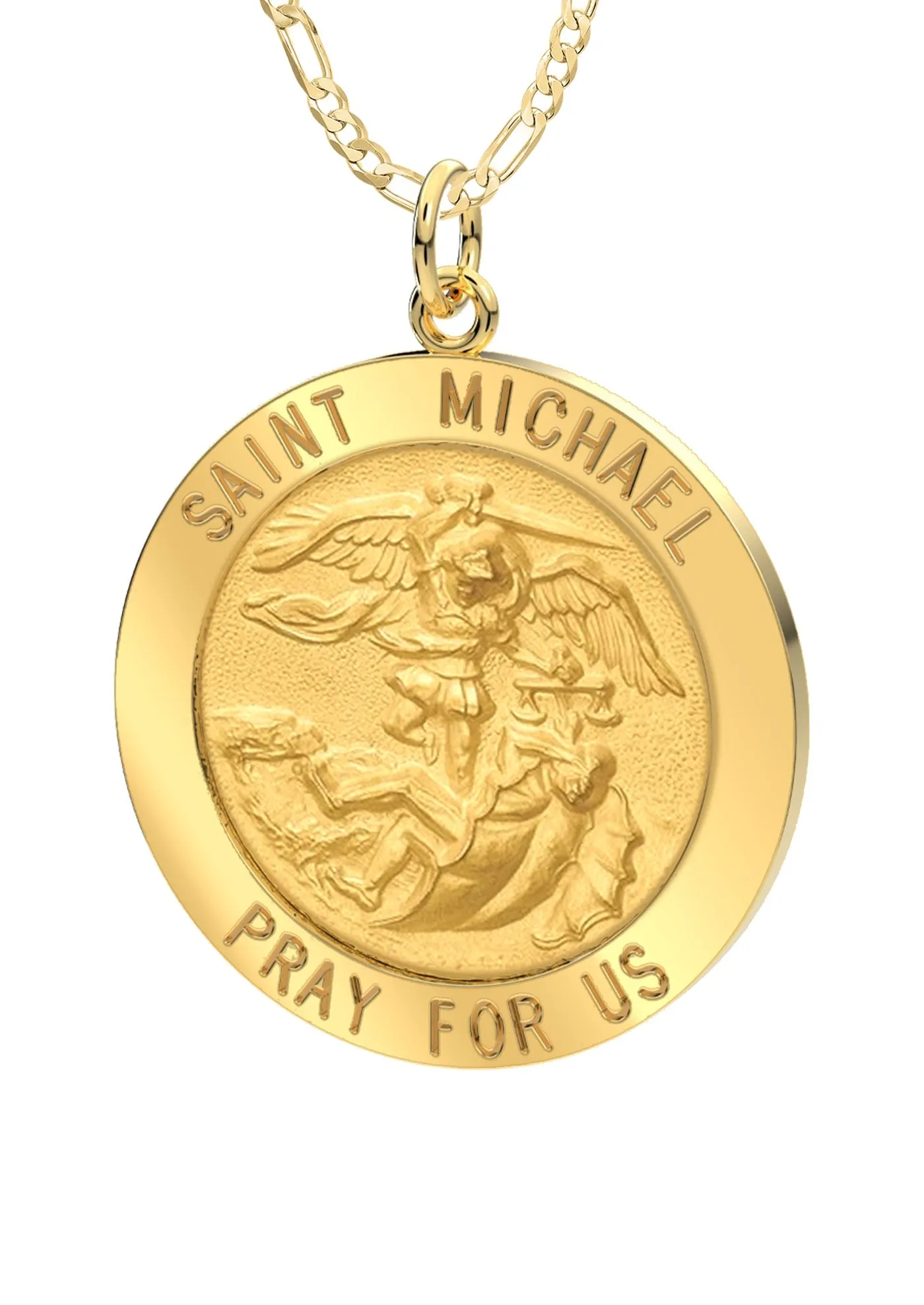 Ladies 14k Yellow Gold Round St Saint Michael Solid Medal Pendant Necklace, 22mm
