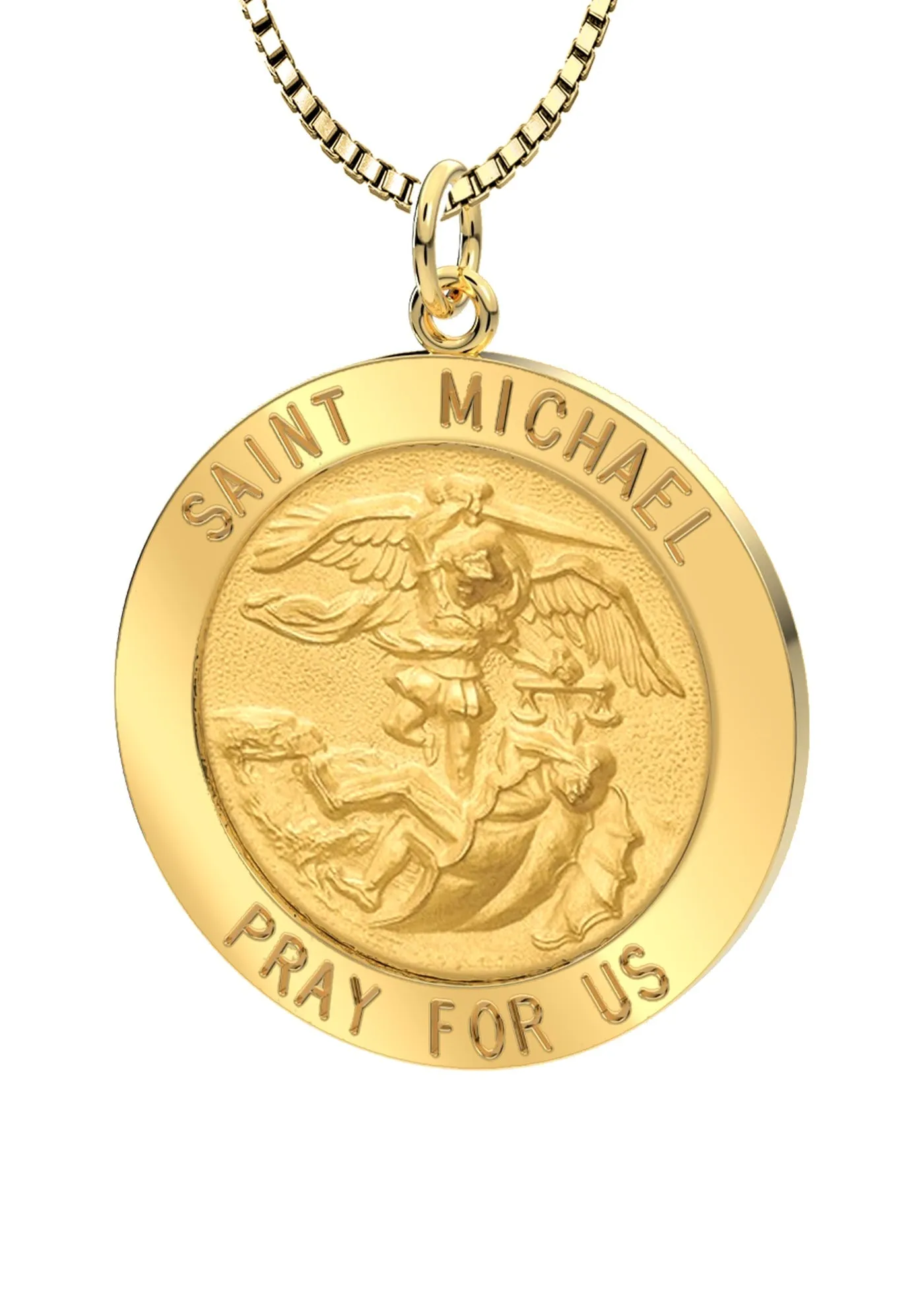 Ladies 14k Yellow Gold Round St Saint Michael Solid Medal Pendant Necklace, 22mm