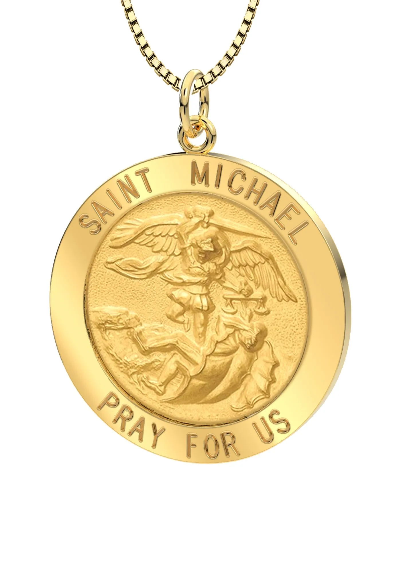 Ladies 14k Yellow Gold Round St Saint Michael Solid Medal Pendant Necklace, 22mm